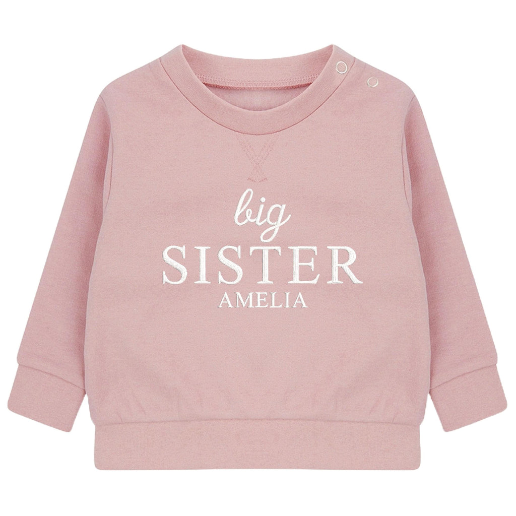 Embroidered Big Sister Personalised Name Girls Sustainable Sweatshirts Pink Toddler & Kids Custom New Sister Gift