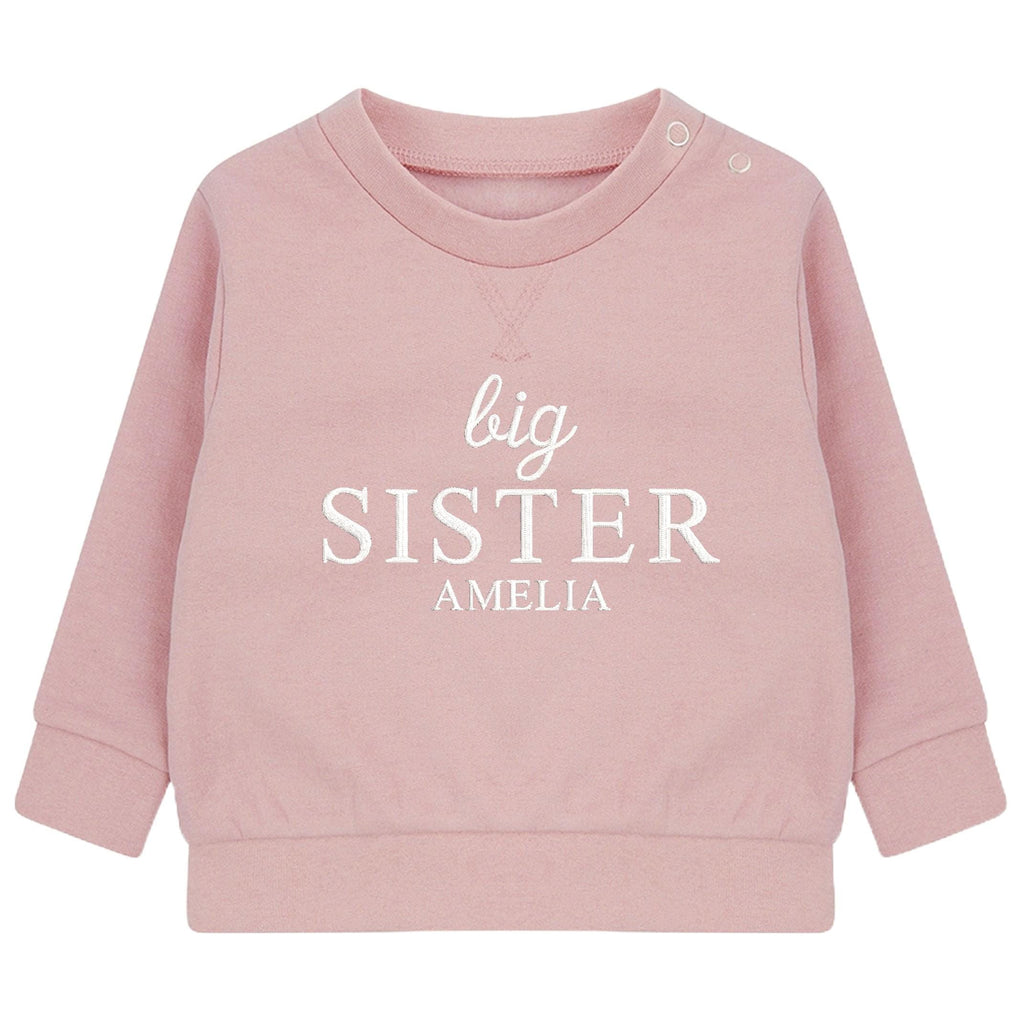 Embroidered Big Sister Personalised Name Girls Sustainable Sweatshirts Pink Toddler & Kids Custom New Sister Gift