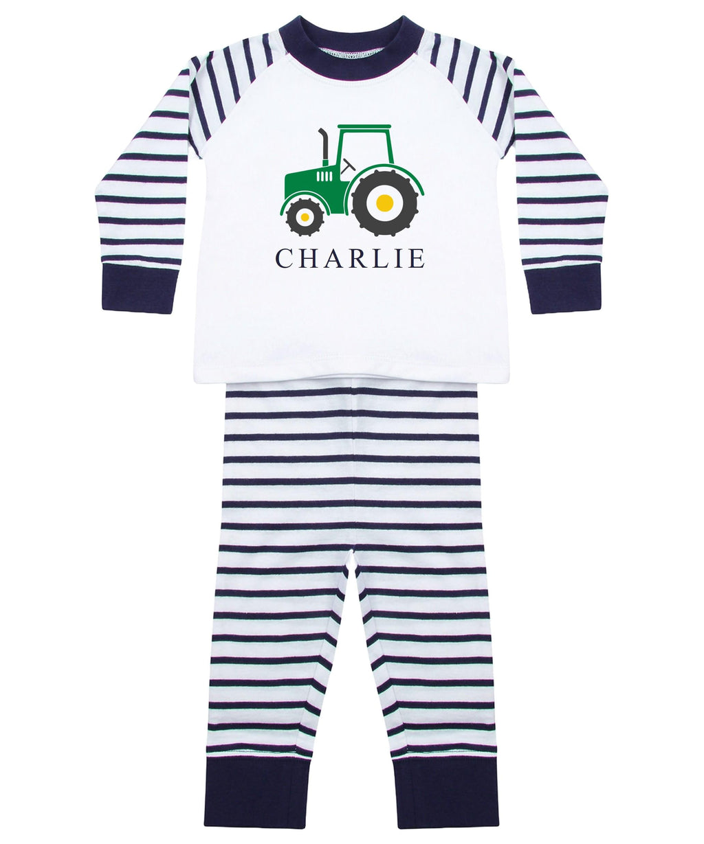 Personalised Name Boys Striped Pyjamas Custom Text Farm Tractor Baby Toddler Kids Gift