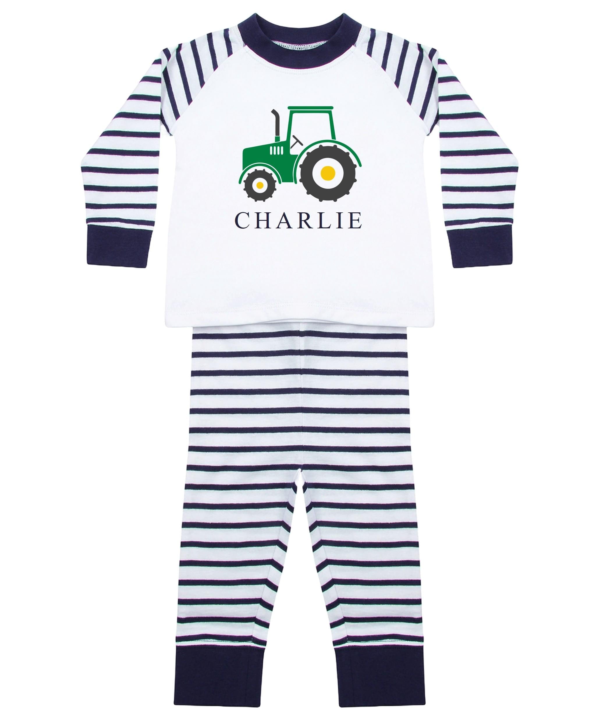 Personalised Name Boys Striped Pyjamas Custom Text Farm Tractor Baby Toddler Kids Gift