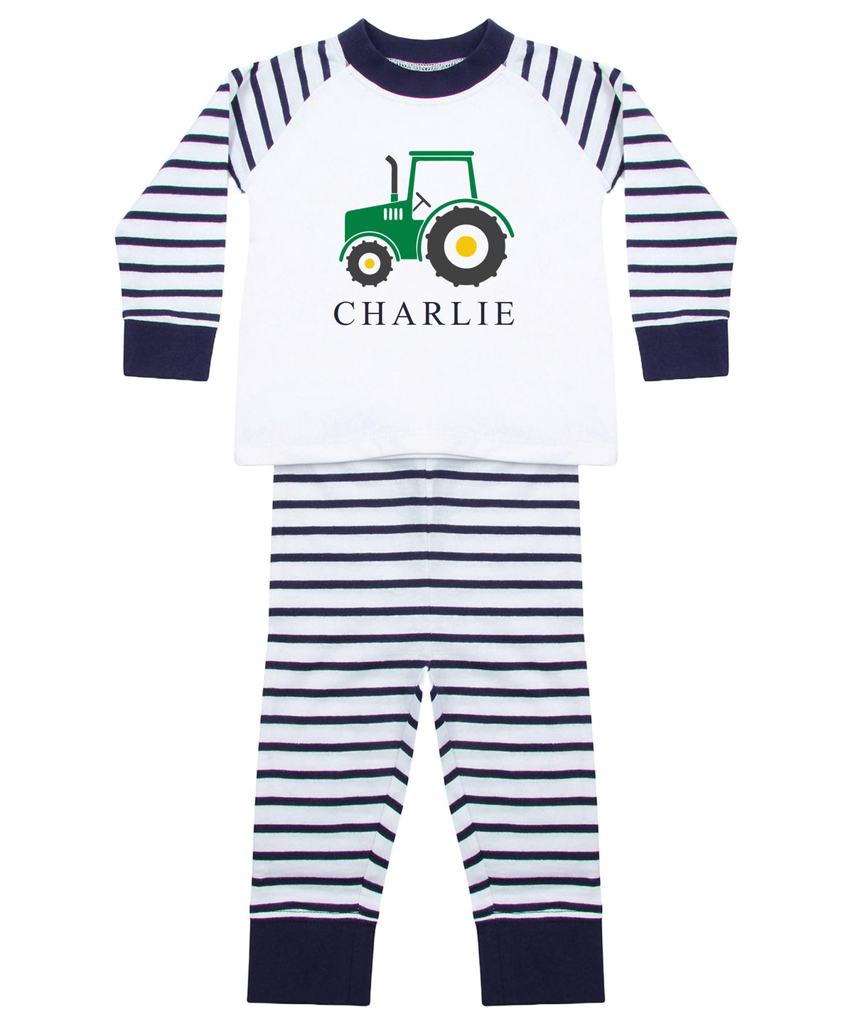 Personalised Name Boys Striped Pyjamas Custom Text Farm Tractor Baby Toddler Kids Gift
