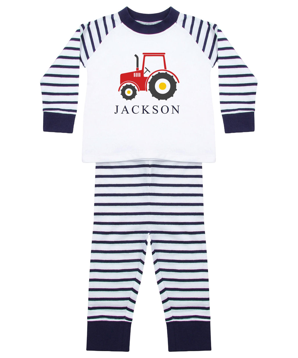 Personalised Name Boys Striped Pyjamas Custom Text Farm Tractor Baby Toddler Kids Gift