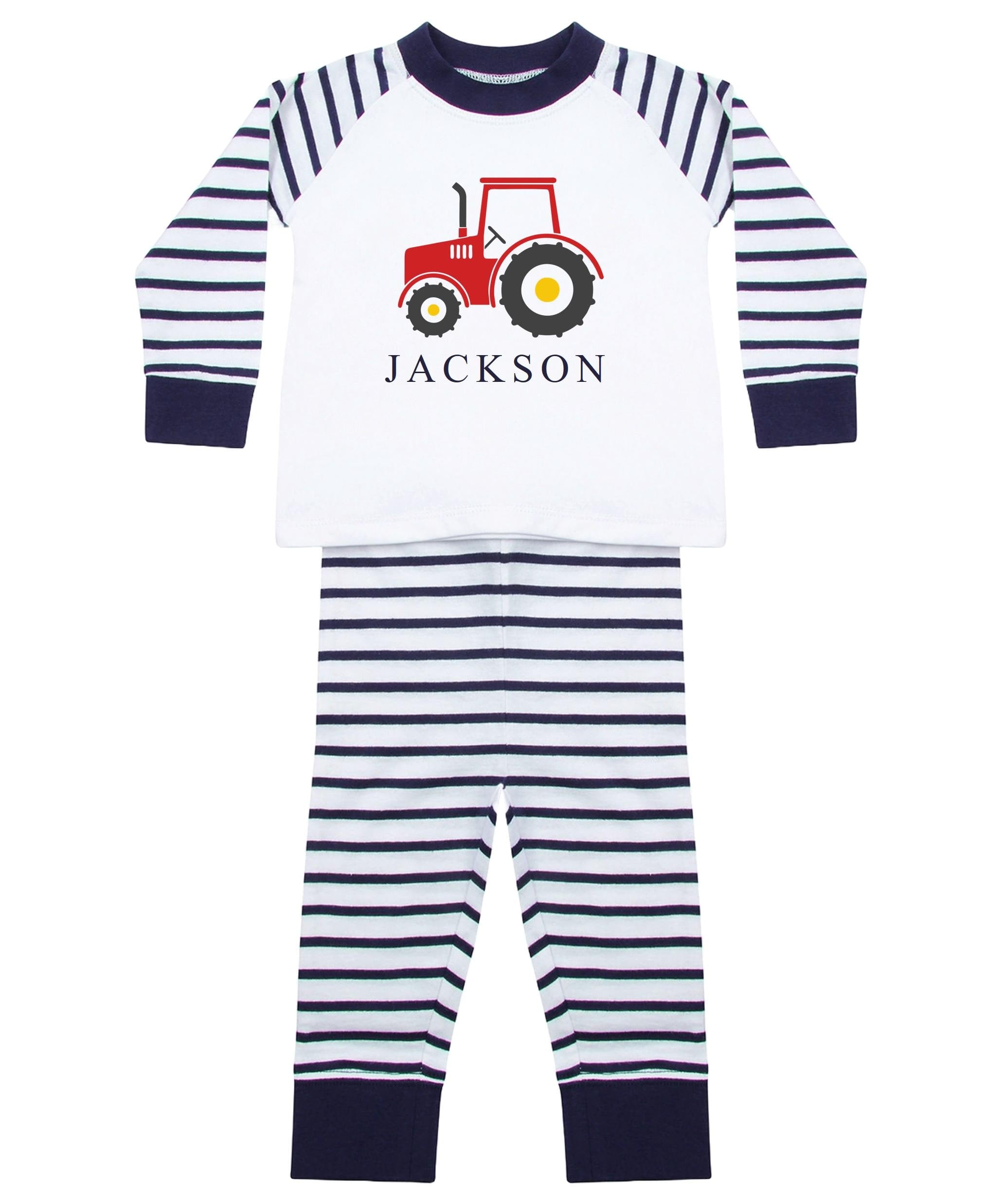 Personalised Name Boys Striped Pyjamas Custom Text Farm Tractor Baby Toddler Kids Gift