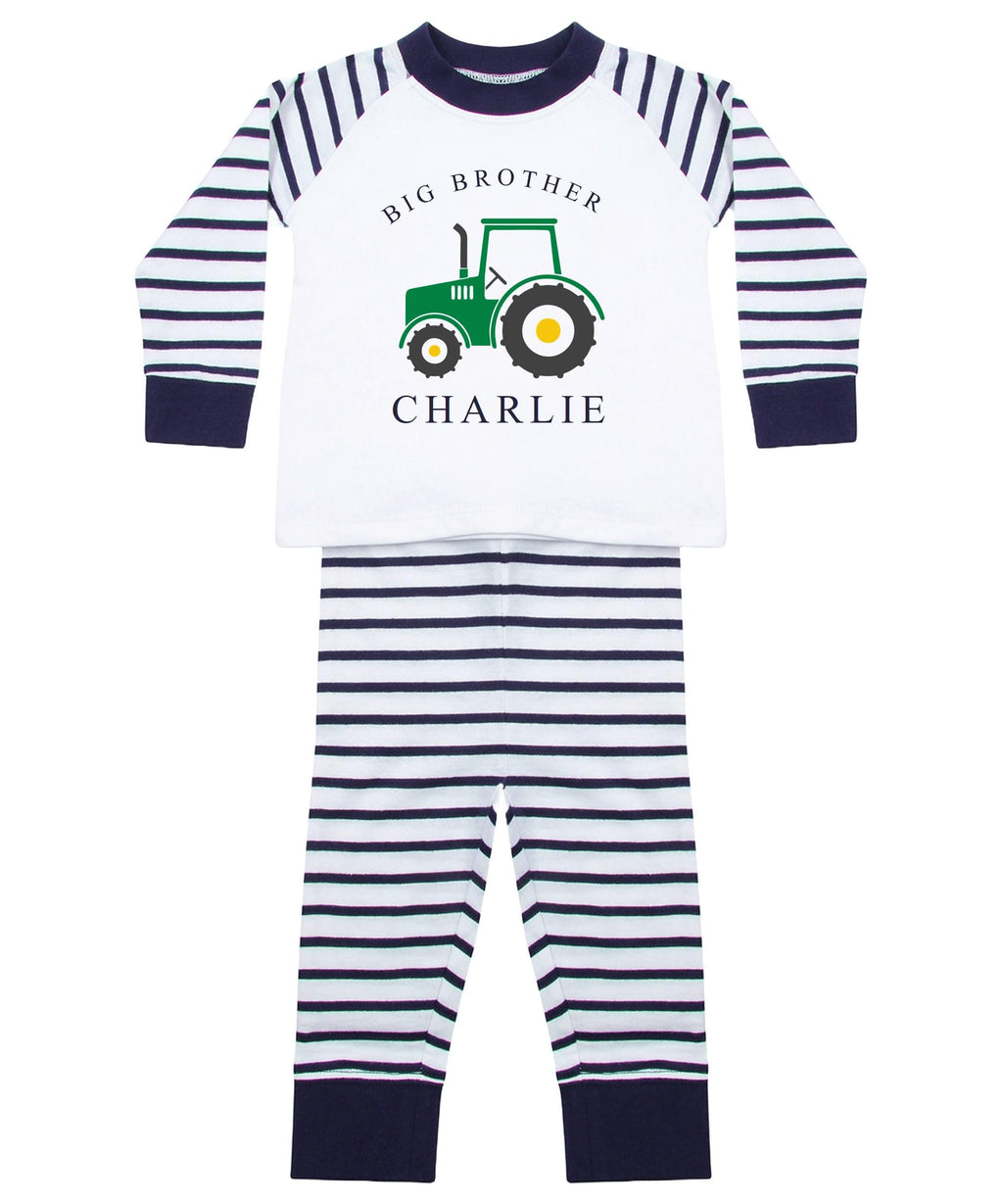 Personalised Name Big & Little Brother Boys Striped Pyjamas Custom Text Farm Tractor Baby Toddler Kids Matching Siblings