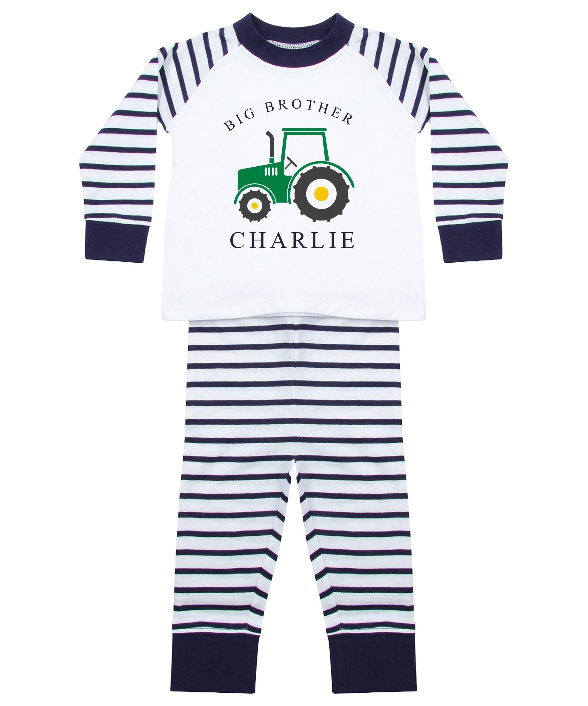 Personalised Name Big & Little Brother Boys Striped Pyjamas Custom Text Farm Tractor Baby Toddler Kids Matching Siblings