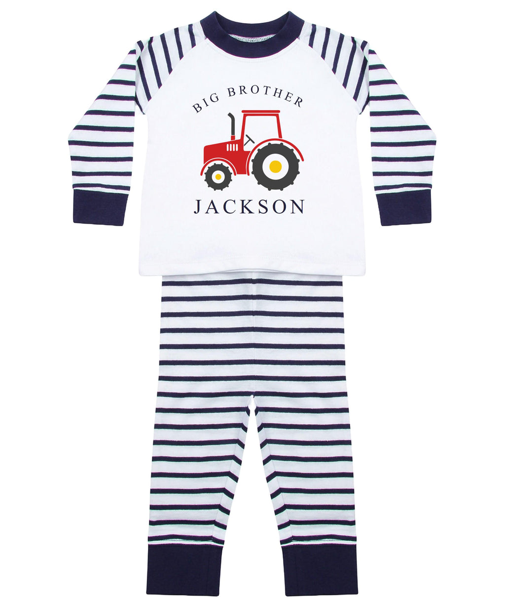 Personalised Name Big & Little Brother Boys Striped Pyjamas Custom Text Farm Tractor Baby Toddler Kids Matching Siblings