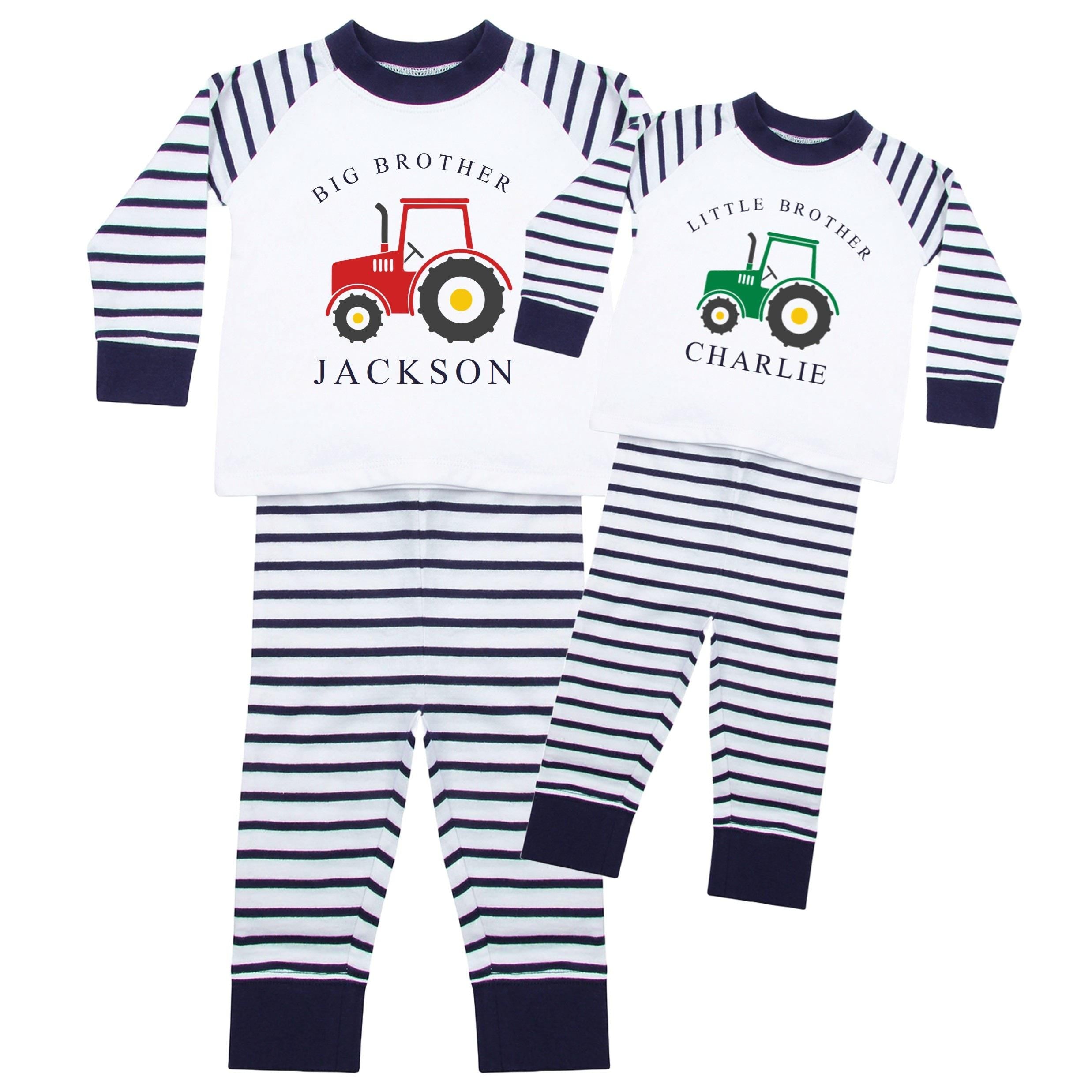 Personalised Name Big & Little Brother Boys Striped Pyjamas Custom Text Farm Tractor Baby Toddler Kids Matching Siblings