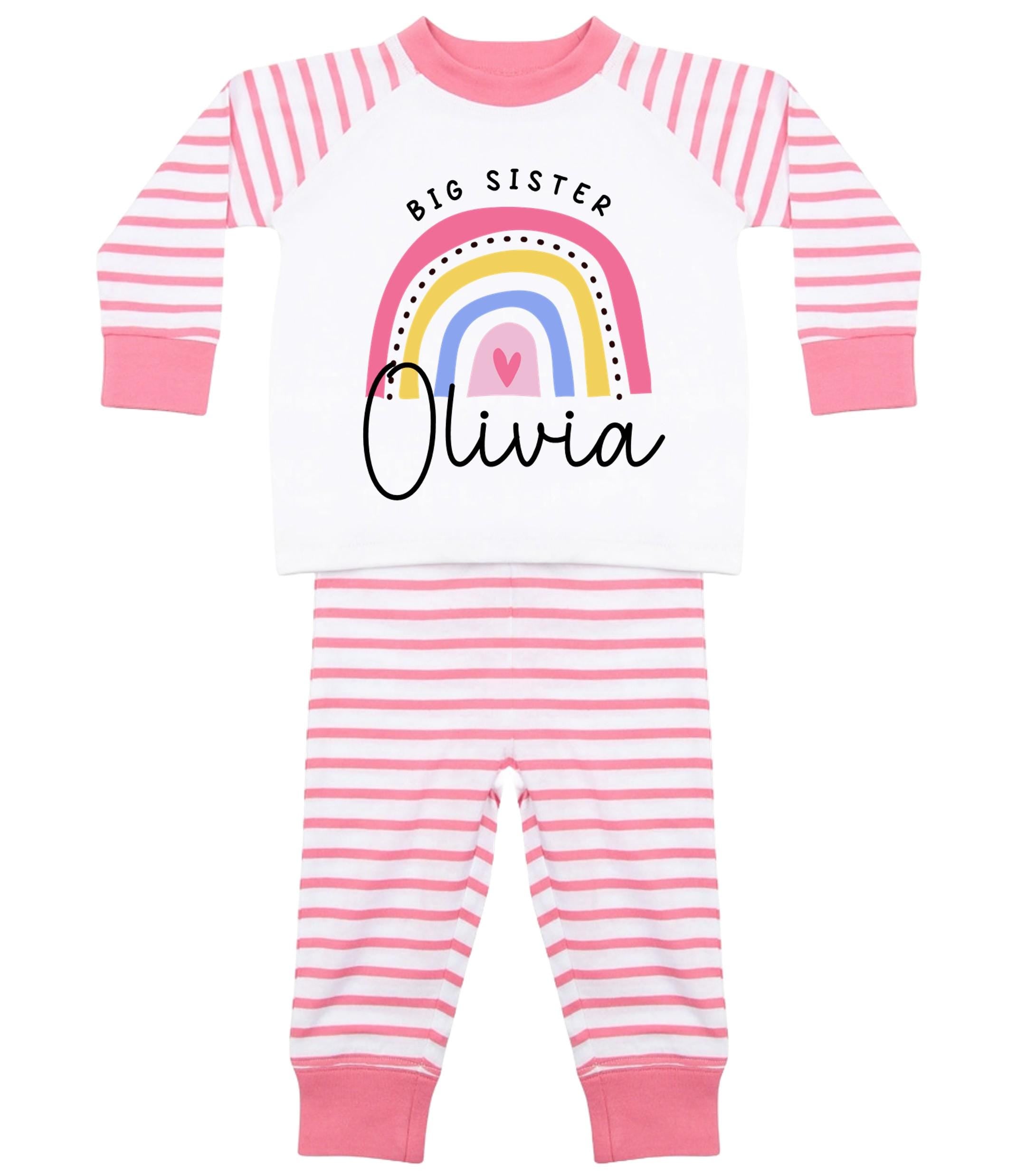 Girls Personalised Name Big & Little Sister Striped Pyjamas Custom Text Matching Siblings Personalised Gift