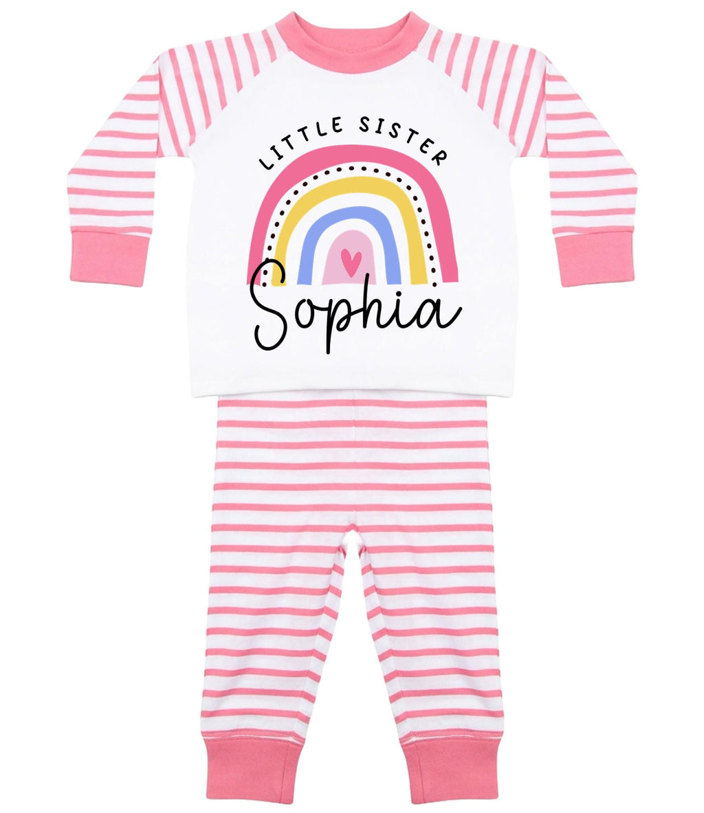 Girls Personalised Name Big & Little Sister Striped Pyjamas Custom Text Matching Siblings Personalised Gift