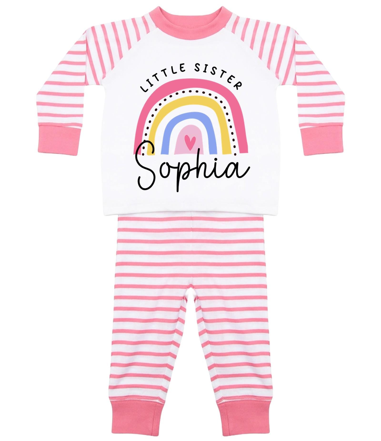 Girls Personalised Name Big & Little Sister Striped Pyjamas Custom Text Matching Siblings Personalised Gift