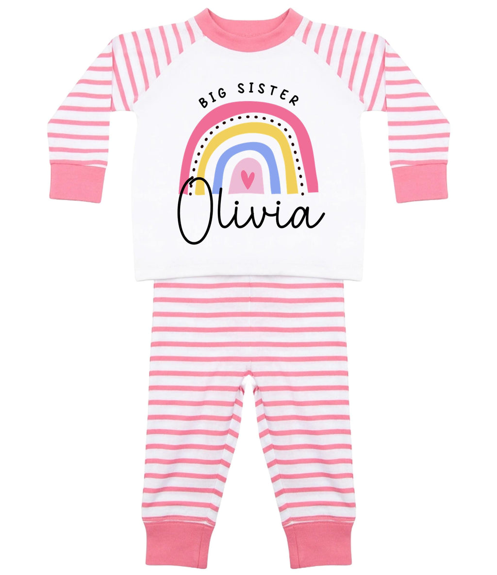 Girls Personalised Name Big & Little Sister Striped Pyjamas Custom Text Matching Siblings Personalised Gift