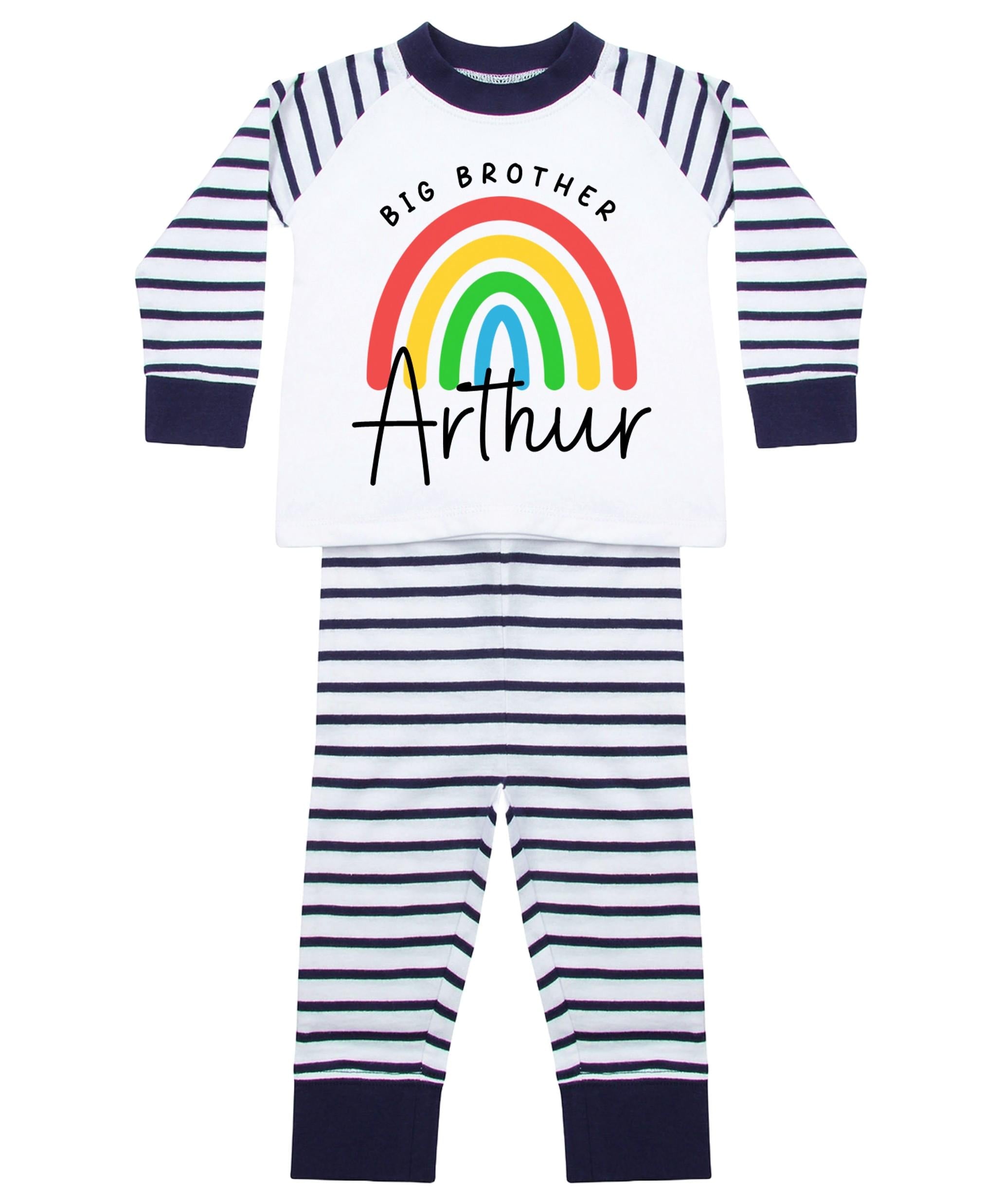 Boys Personalised Name Big & Little Brother Striped Pyjamas Custom Text Matching Siblings Personalised Gift