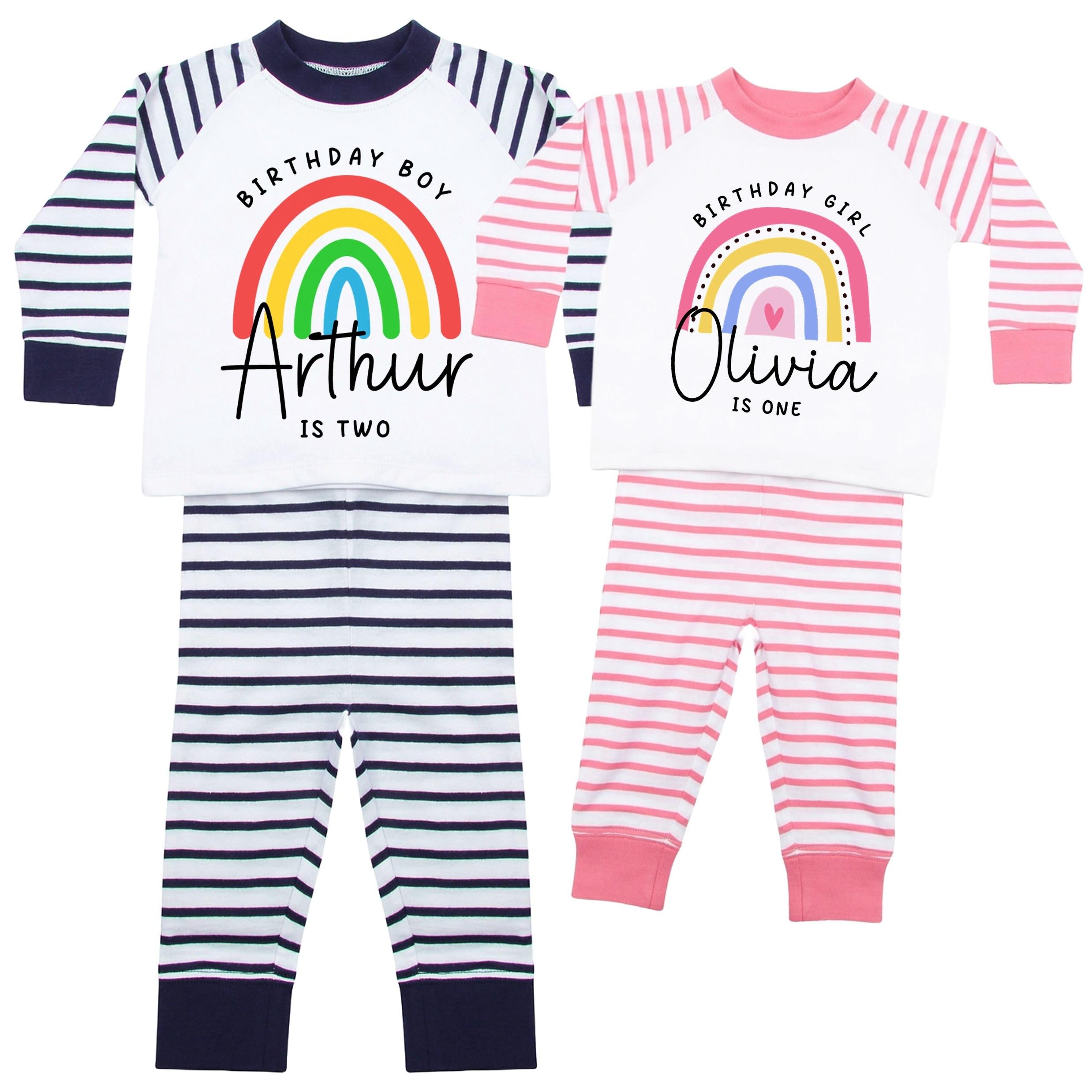 Birthday Boy & Girl Personalised Name Age Striped Pyjamas Custom Text Personalised Gift