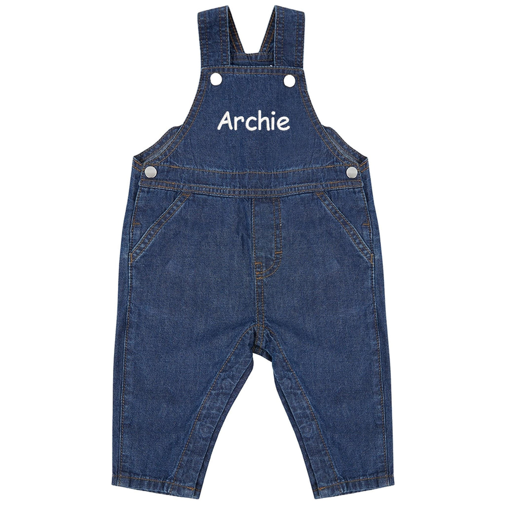 Embroidered Personalised Name Baby & Toddler Cotton Denim Dungarees Custom Text Boys Girls Gift