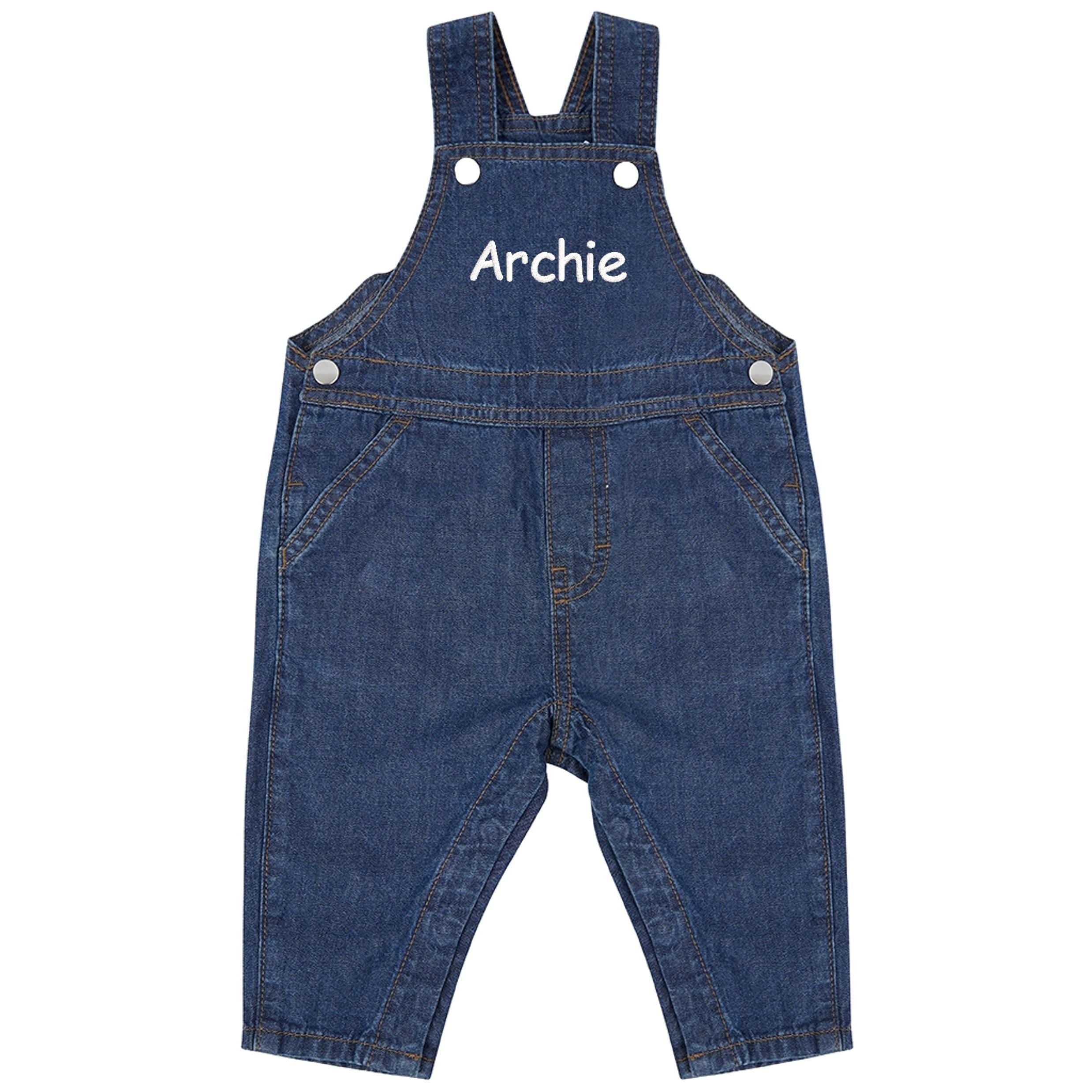 Embroidered Personalised Name Baby & Toddler Cotton Denim Dungarees Custom Text Boys Girls Gift