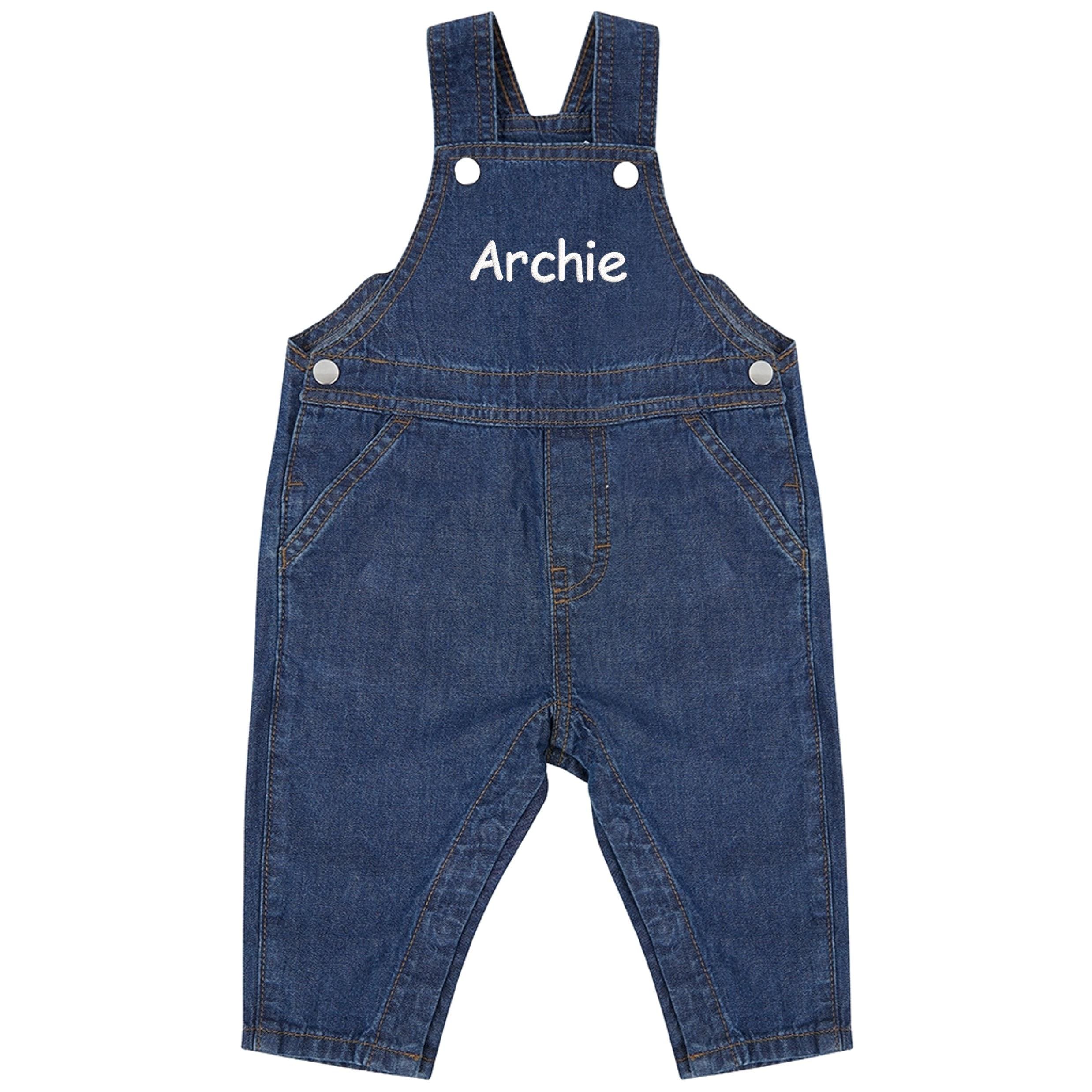 Embroidered Personalised Name Baby & Toddler Cotton Denim Dungarees Custom Text Boys Girls Gift