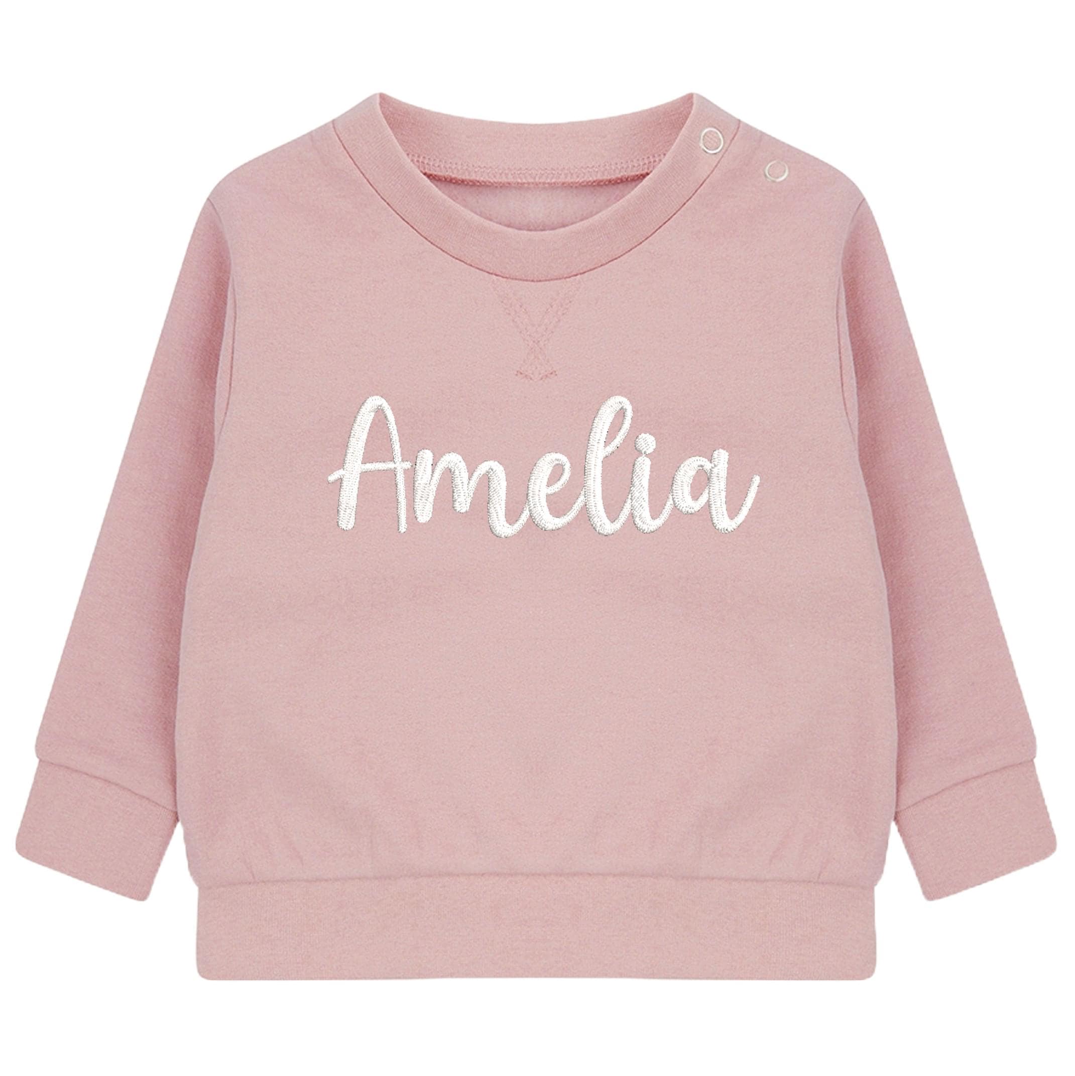 Embroidered Personalised Name Baby and Toddler Girls Pink Sustainable Sweatshirts