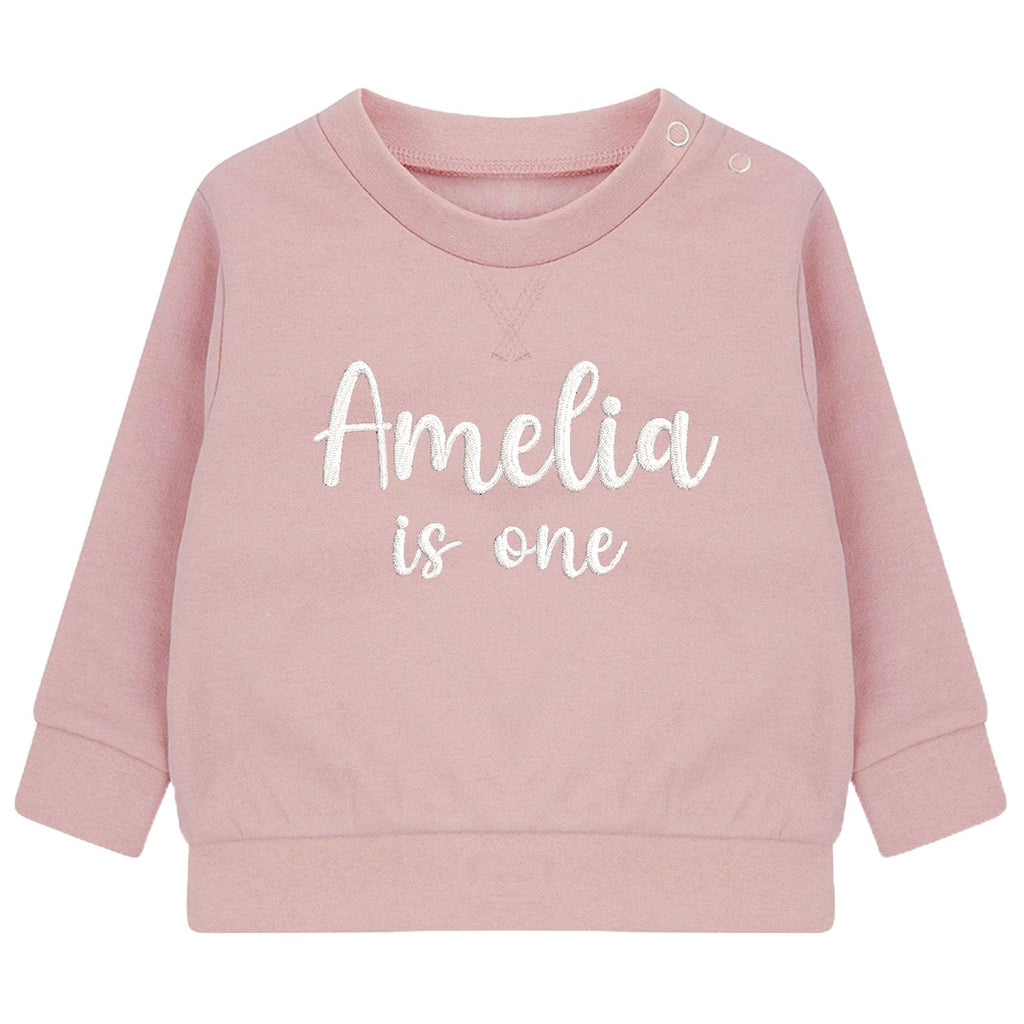 Embroidered Personalised Name Is One Baby and Toddler Girls Pink Sustainable Sweatshirts 1st Birthday Party Outfit Gift