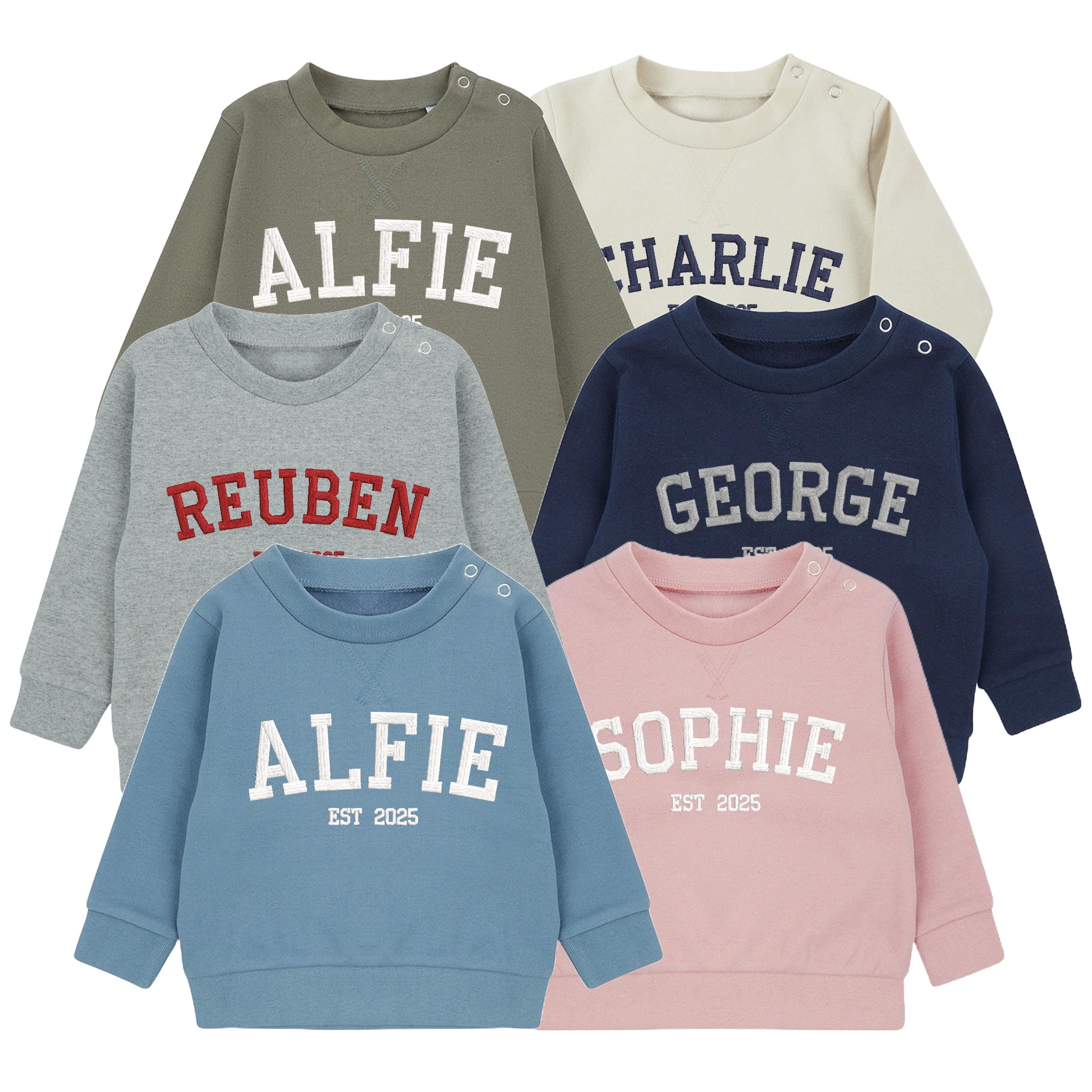 Embroidered Name Personalised Year Boys & Girls Sustainable Sweatshirts Baby and Toddler Custom Varsity Jumper Gift