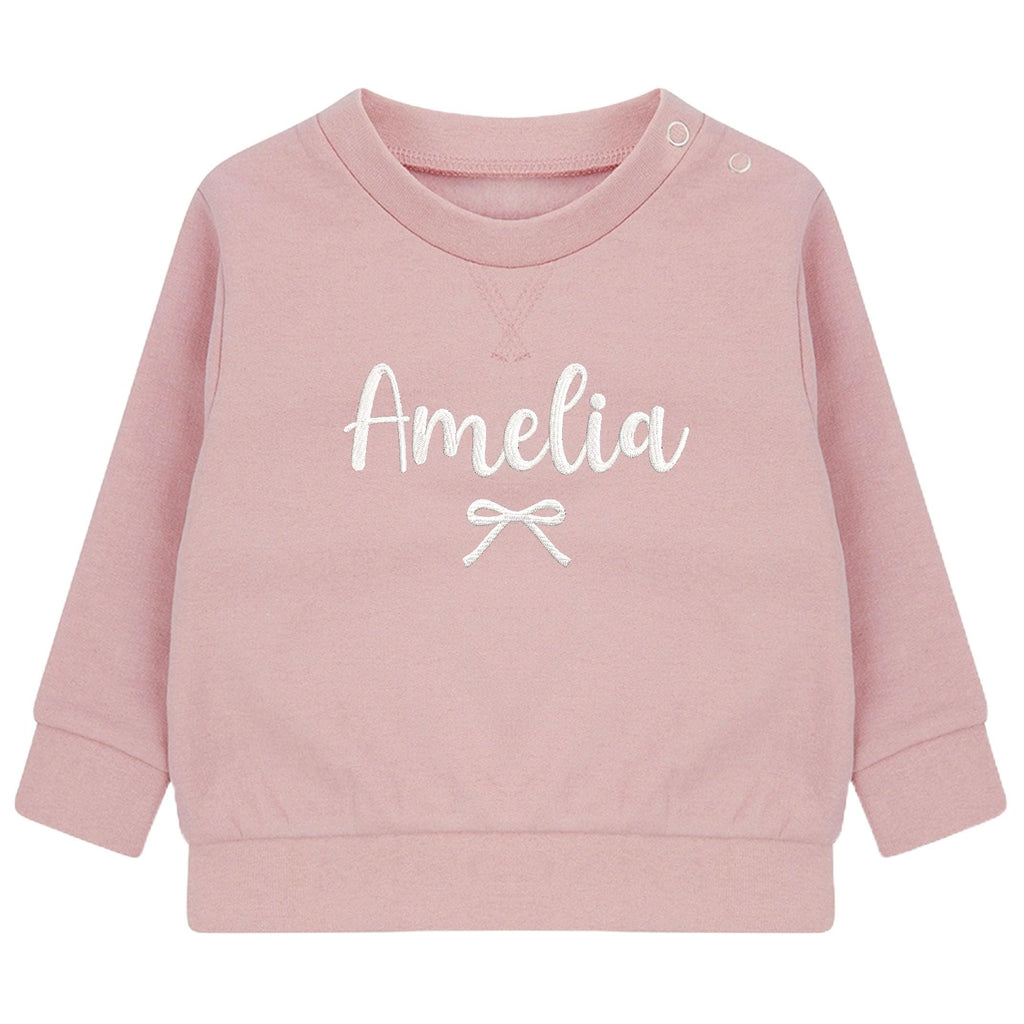 Embroidered Personalised Name Baby and Toddler Girls Pink Bow Sustainable Sweatshirts