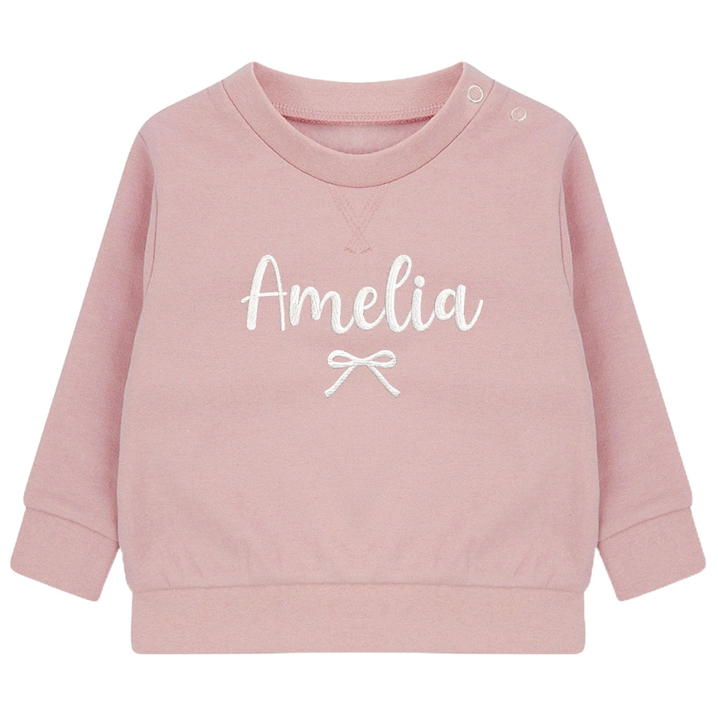 Embroidered Personalised Name Baby and Toddler Girls Pink Bow Sustainable Sweatshirts