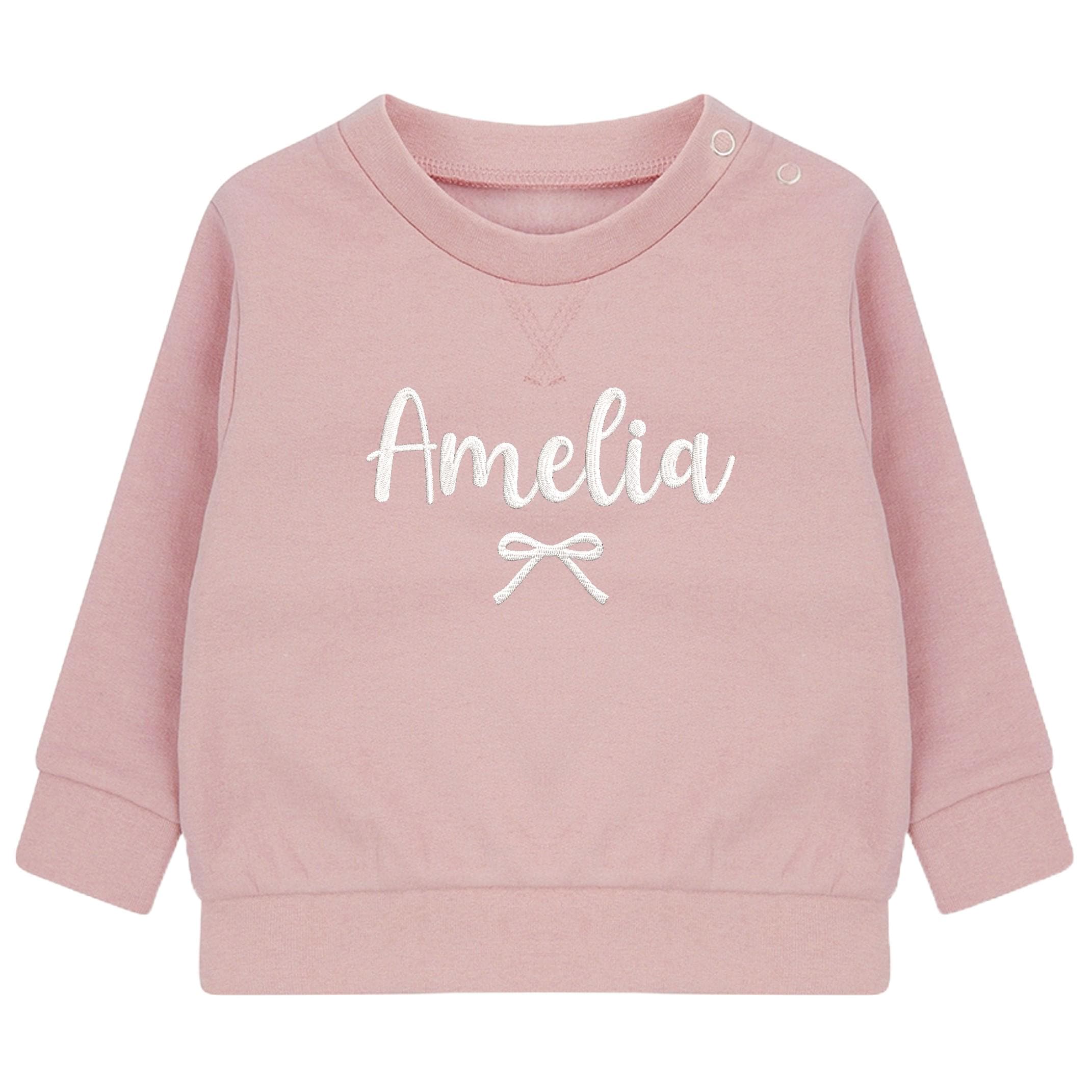 Embroidered Personalised Name Baby and Toddler Girls Pink Bow Sustainable Sweatshirts