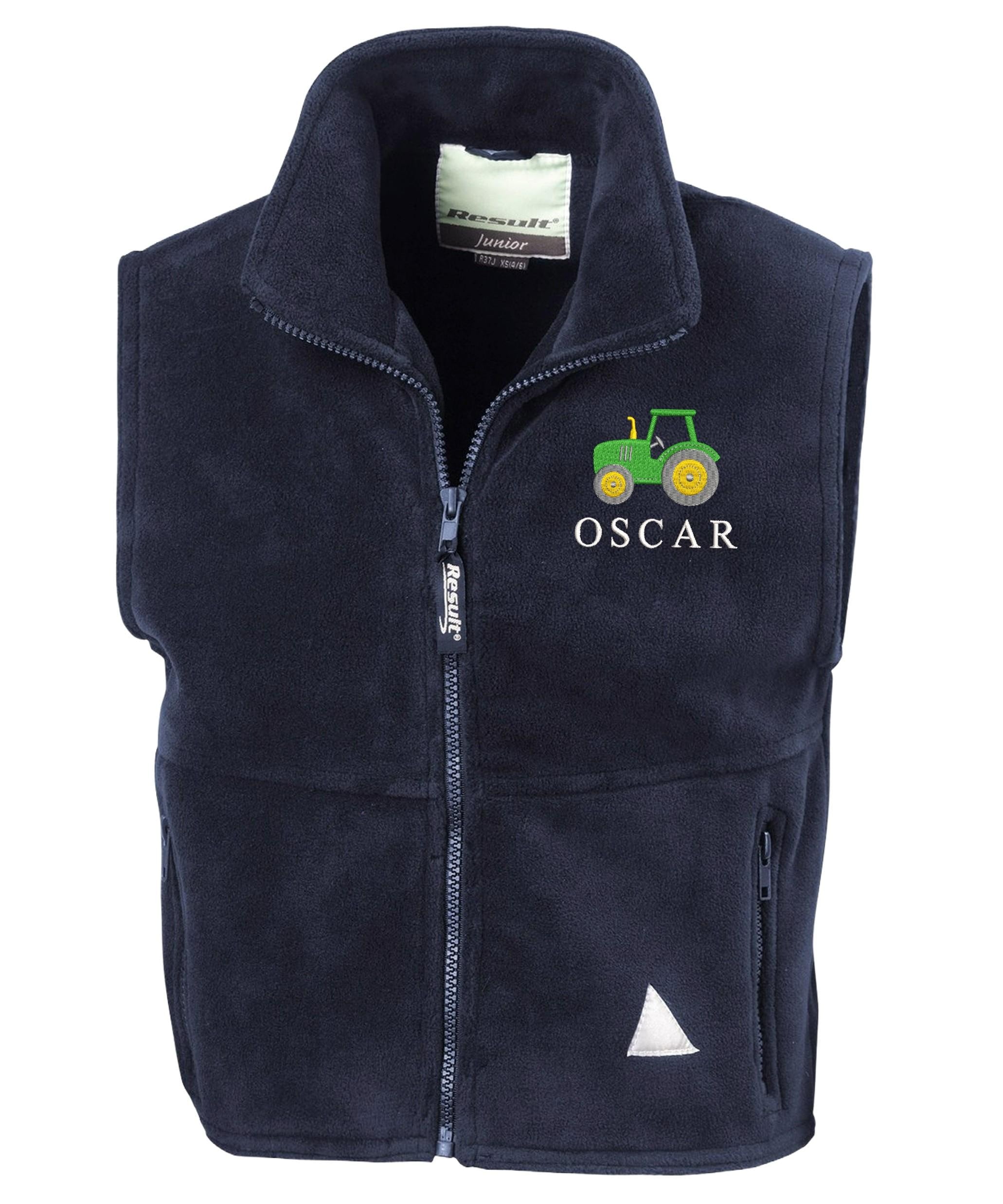 Embroidered Tractor Personalised Name Boys Fleece Bodywarmer Navy Kids Custom Text Jacket Farm Coat