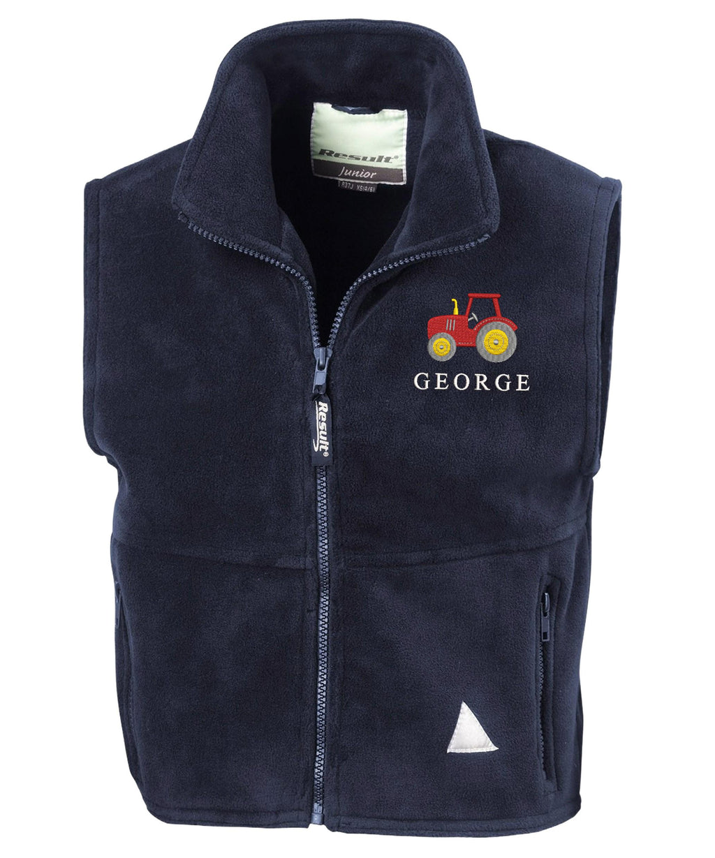 Embroidered Tractor Personalised Name Boys Fleece Bodywarmer Navy Kids Custom Text Jacket Farm Coat