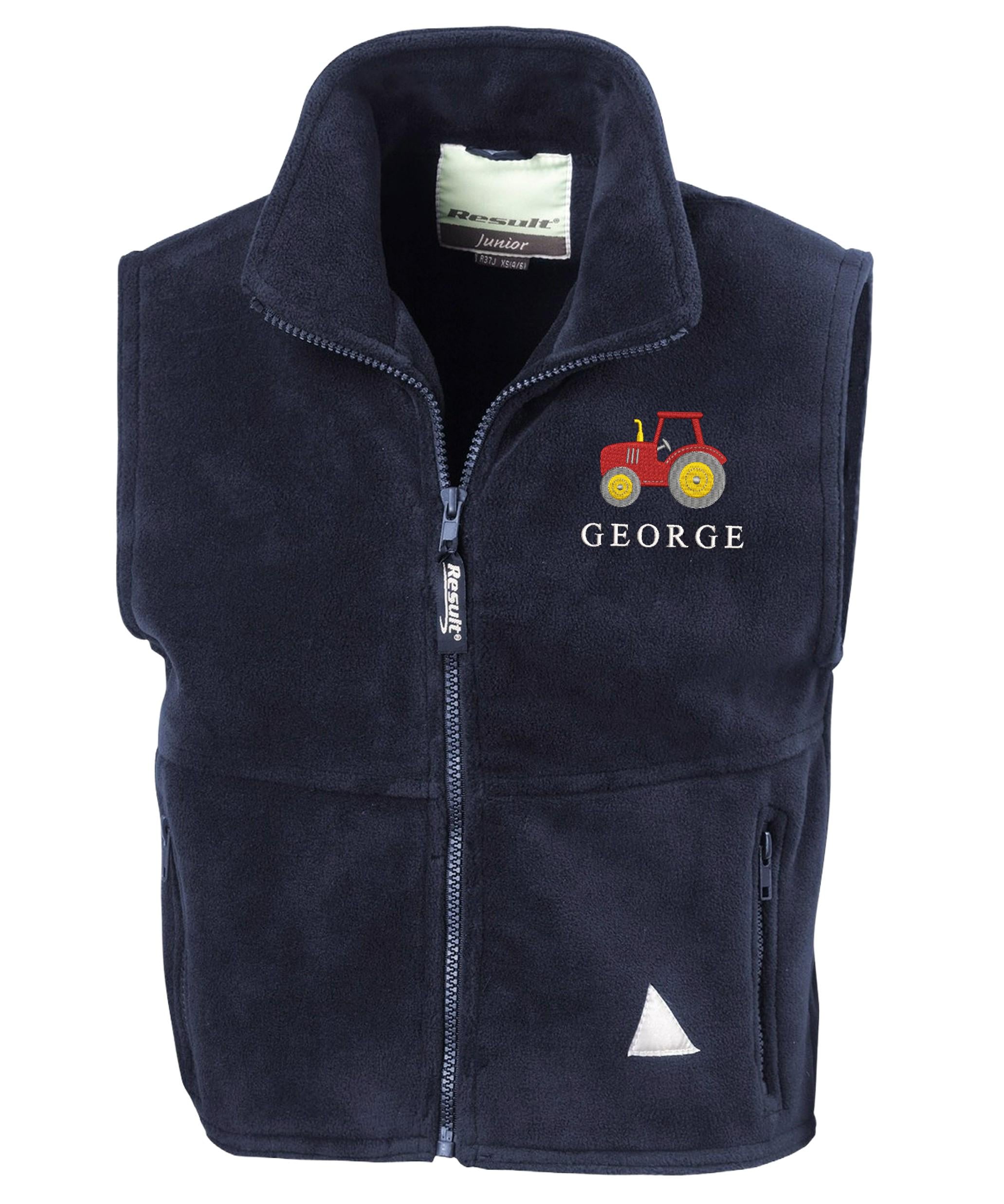 Embroidered Tractor Personalised Name Boys Fleece Bodywarmer Navy Kids Custom Text Jacket Farm Coat