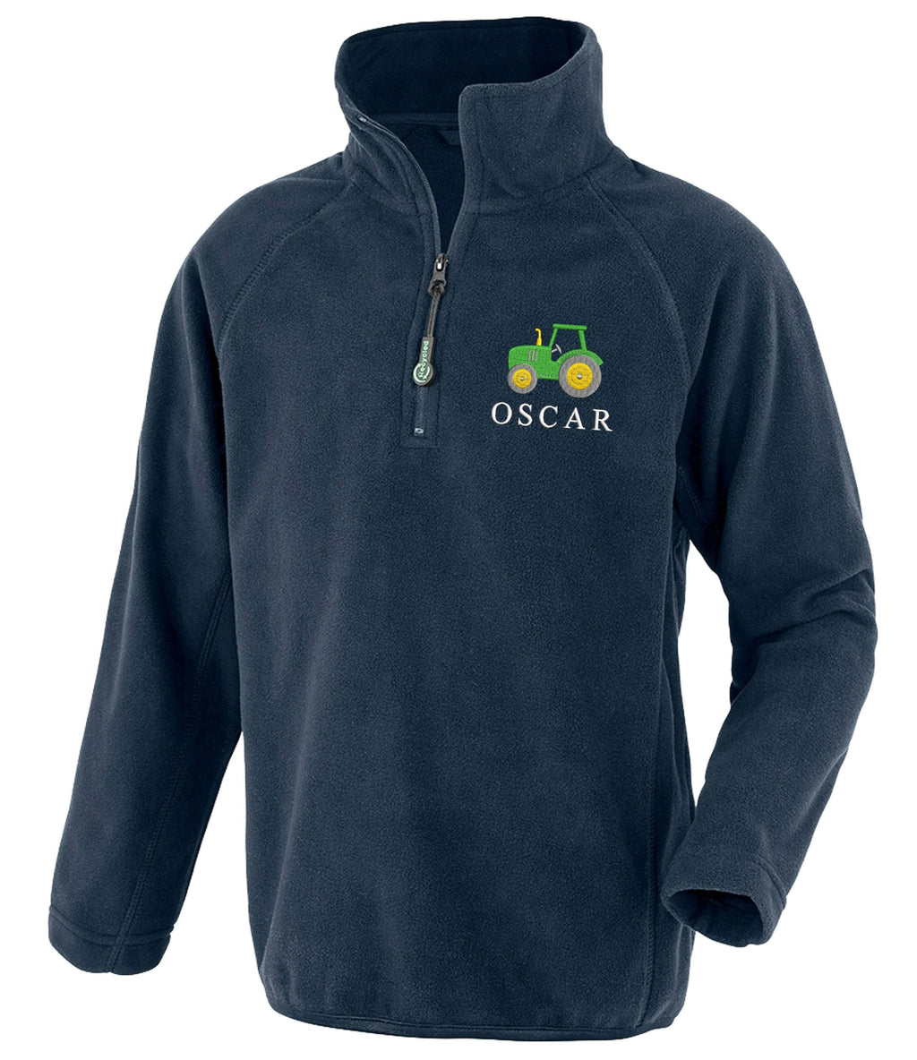Embroidered Tractor Personalised Name Boys Recycled Fleece Top Navy Kids Custom Text Farm Coat