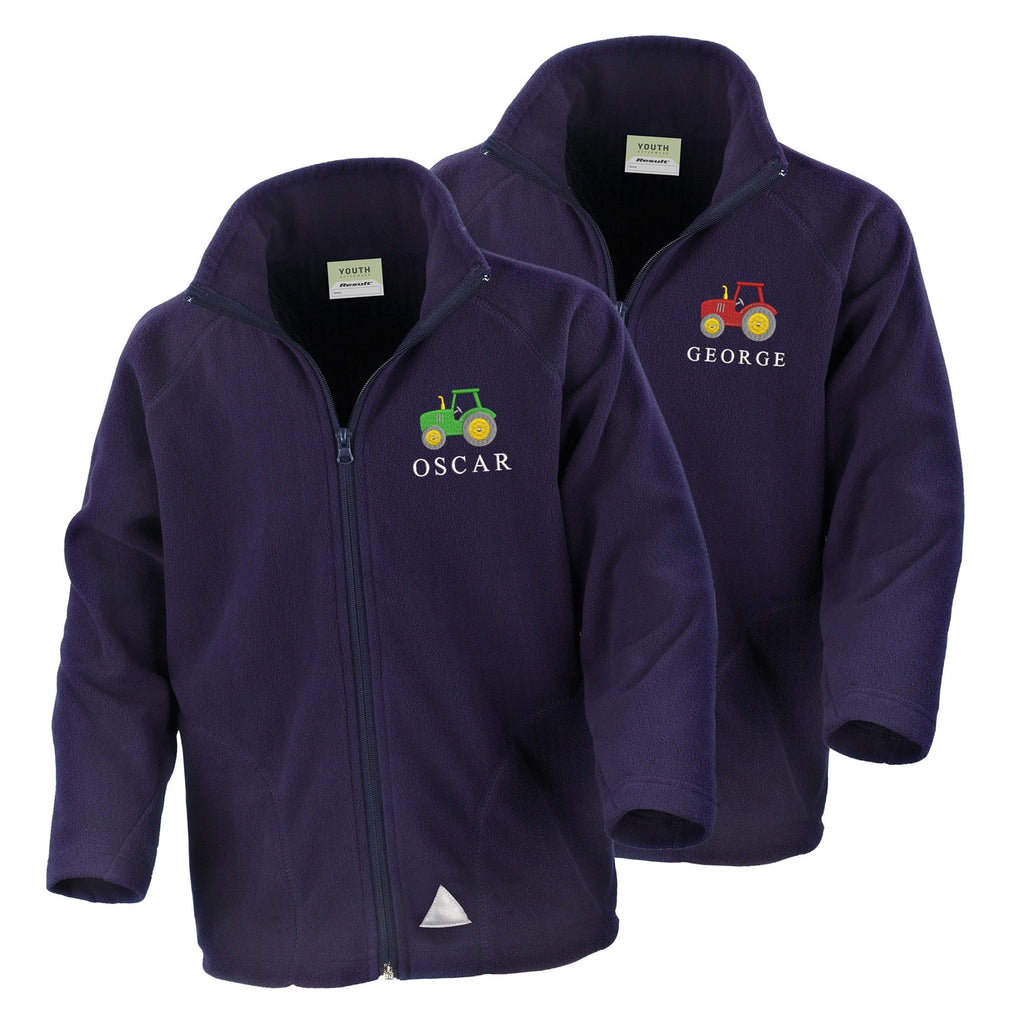 Embroidered Tractor Personalised Name Boys Fleece Jacket Navy Kids Custom Text Farm Coat