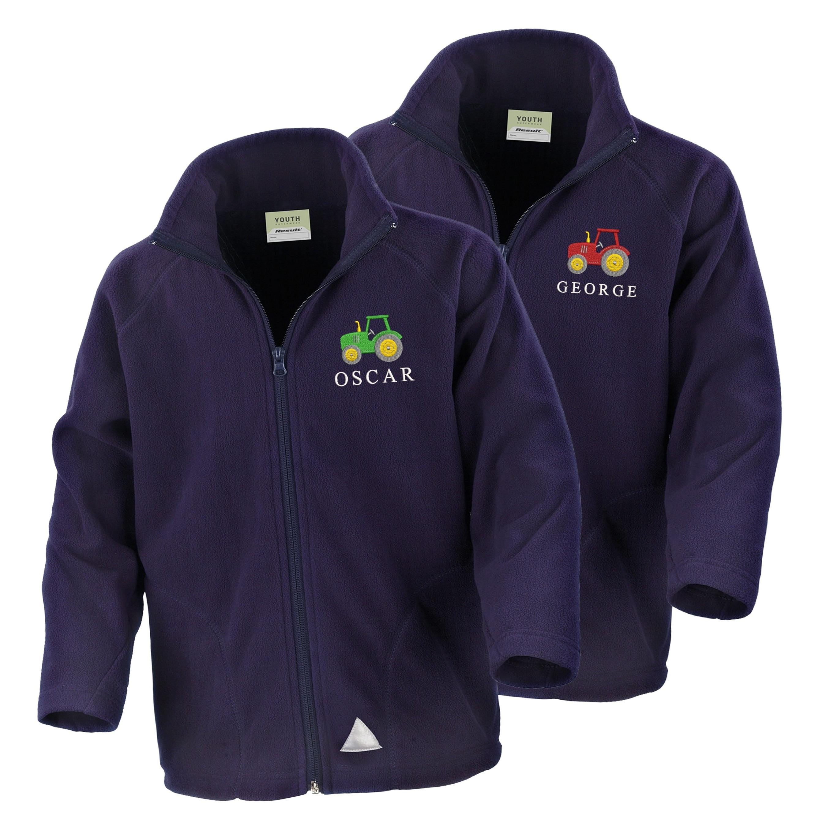 Embroidered Tractor Personalised Name Boys Fleece Jacket Navy Kids Custom Text Farm Coat