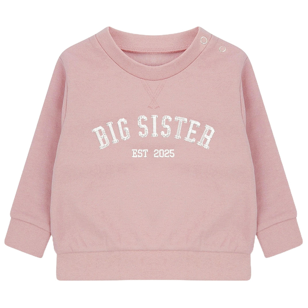 Embroidered Big Sister Personalised Year Girls Pink Sustainable Sweatshirts Baby and Toddler Custom Varsity New Sibling Gift