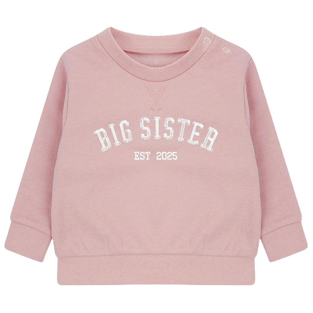 Embroidered Big Sister Personalised Year Girls Pink Sustainable Sweatshirts Baby and Toddler Custom Varsity New Sibling Gift