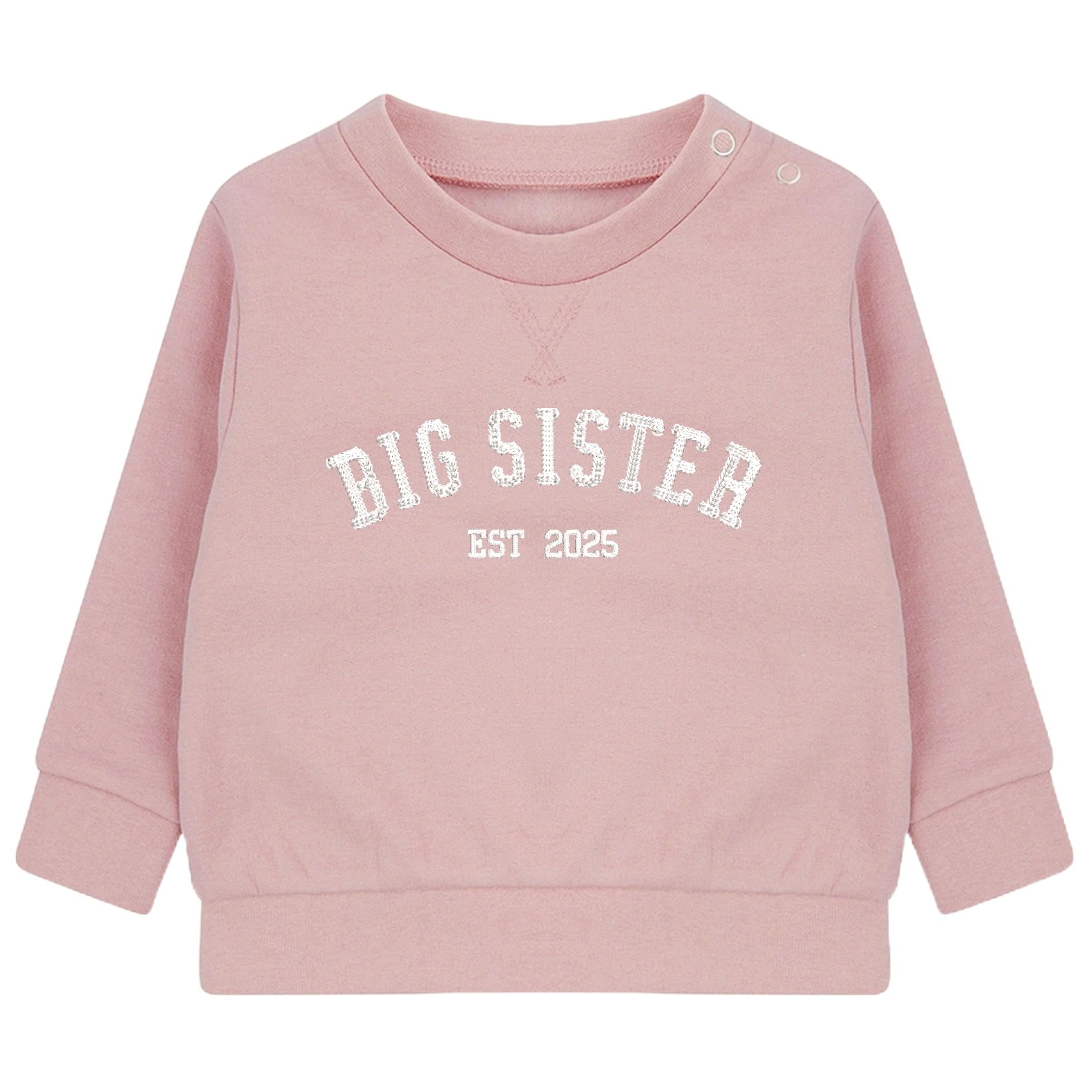Embroidered Big Sister Personalised Year Girls Pink Sustainable Sweatshirts Baby and Toddler Custom Varsity New Sibling Gift