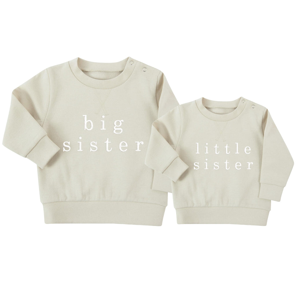 Embroidered Big & Little Sister Girls Sustainable Sweatshirts Baby and Toddler Stone Matching New Siblings