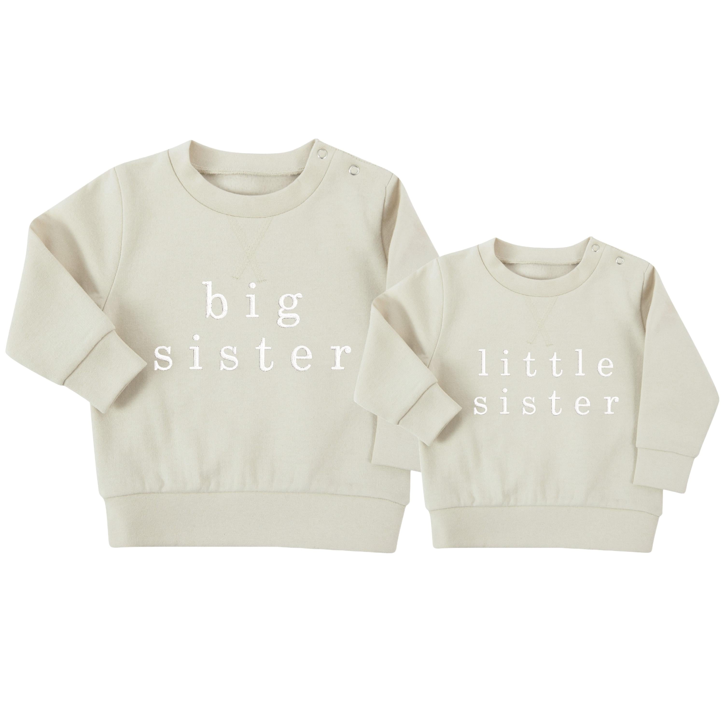 Embroidered Big & Little Sister Girls Sustainable Sweatshirts Baby and Toddler Stone Matching New Siblings
