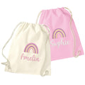 Embroidered Girls Personalised Pink Rainbow Name Cotton Gymsac Custom Text School PE Bag Nursery Bag