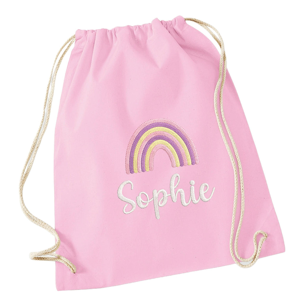 Embroidered Girls Personalised Pink Rainbow Name Cotton Gymsac Custom Text School PE Bag Nursery Bag