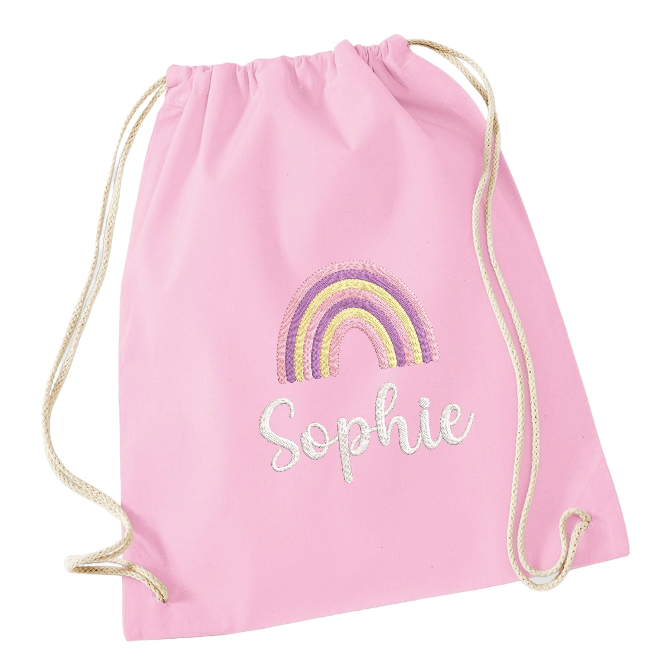 Embroidered Girls Personalised Pink Rainbow Name Cotton Gymsac Custom Text School PE Bag Nursery Bag