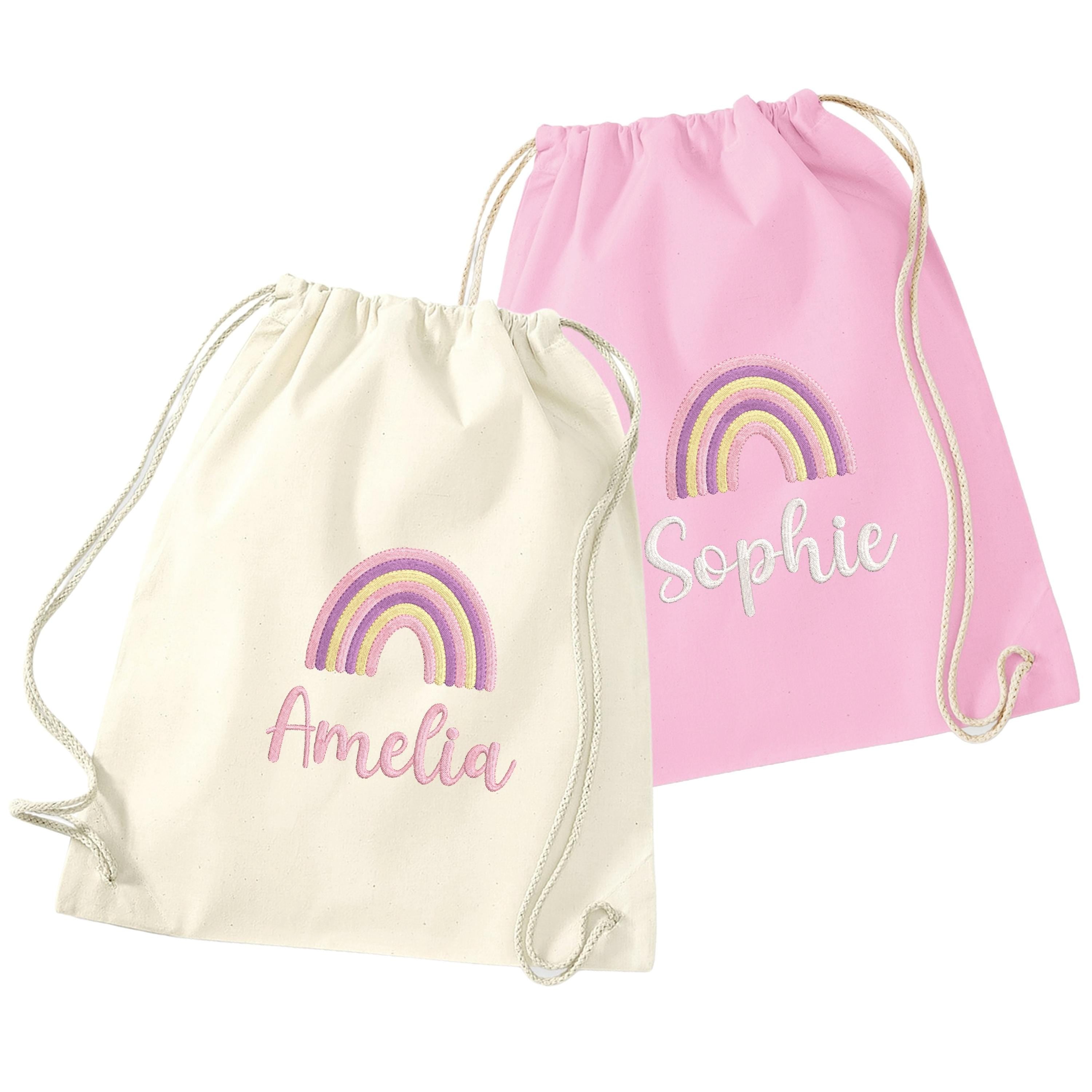 Embroidered Girls Personalised Pink Rainbow Name Cotton Gymsac Custom Text School PE Bag Nursery Bag