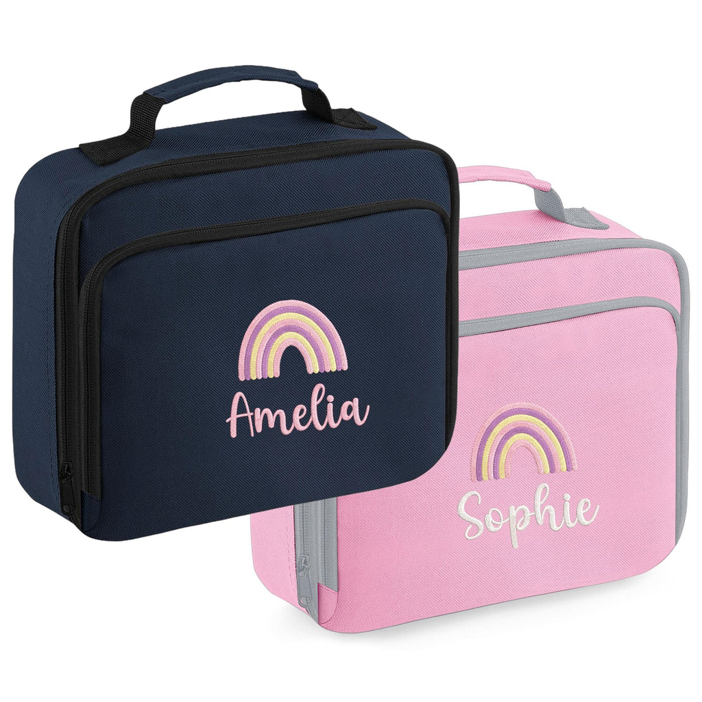 Embroidered Girls Personalised Pink Rainbow Name Lunch Cool Bag Box Custom Text School Nursery