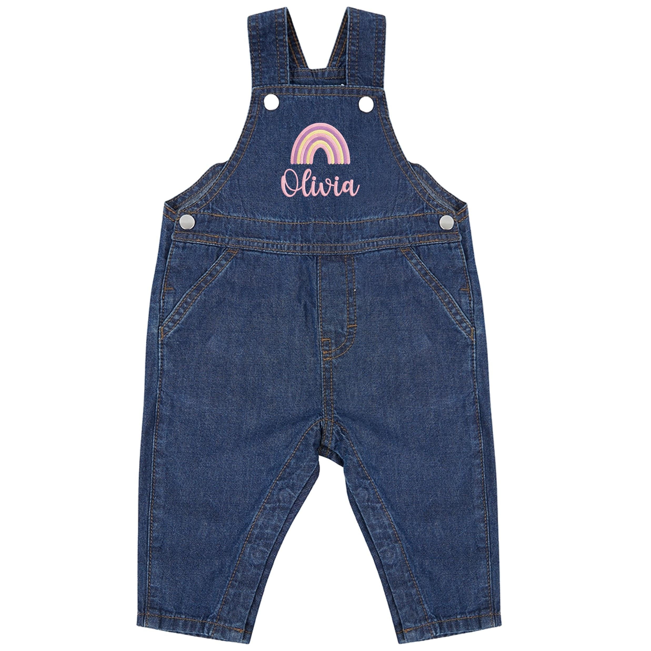 Embroidered Girls Personalised Pink Rainbow Name Baby & Toddler Cotton Denim Dungarees Custom Text Gift