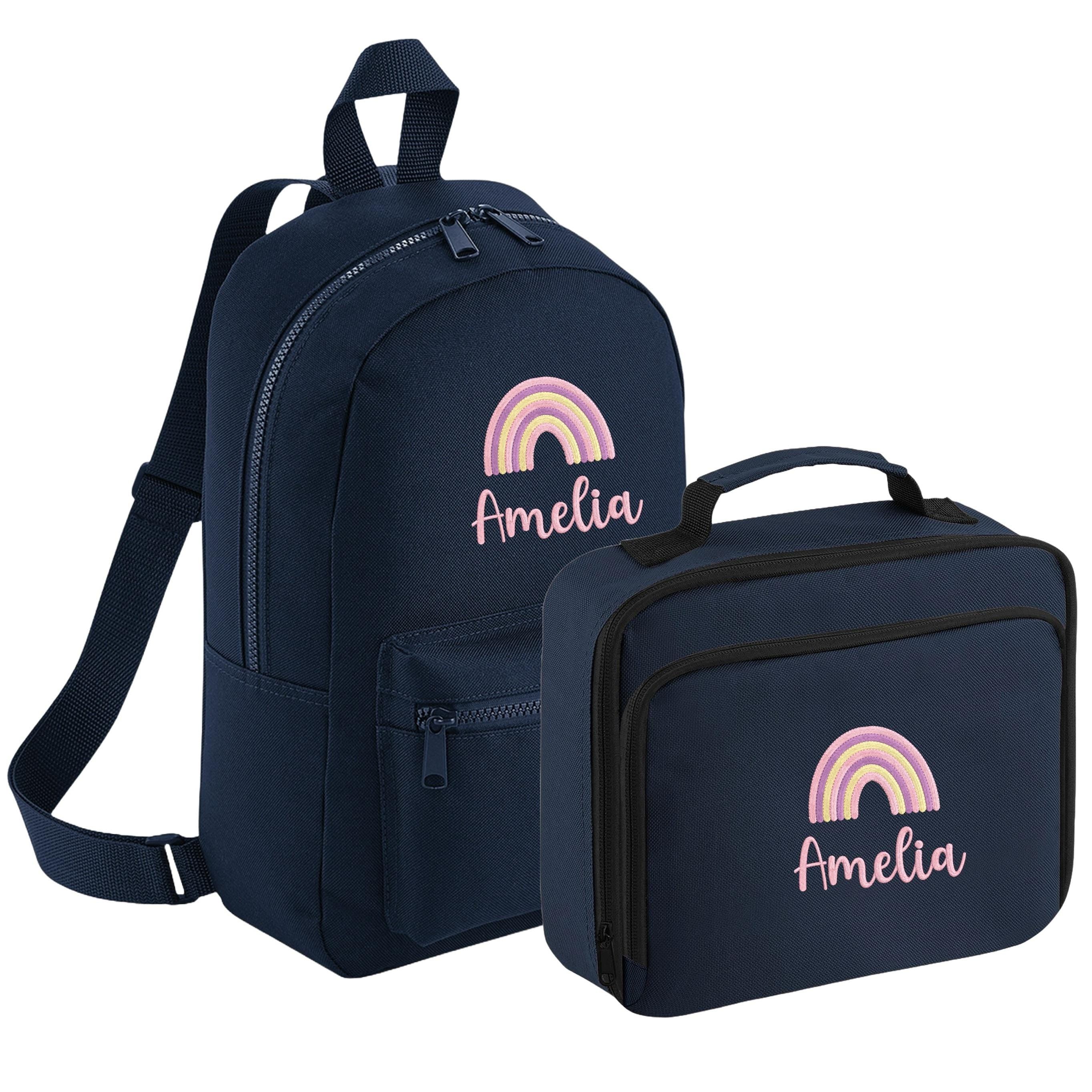 Embroidered Girls Personalised Pink Rainbow Name Backpack & Lunch Bag Set Custom School Rucksack Nursery Bag