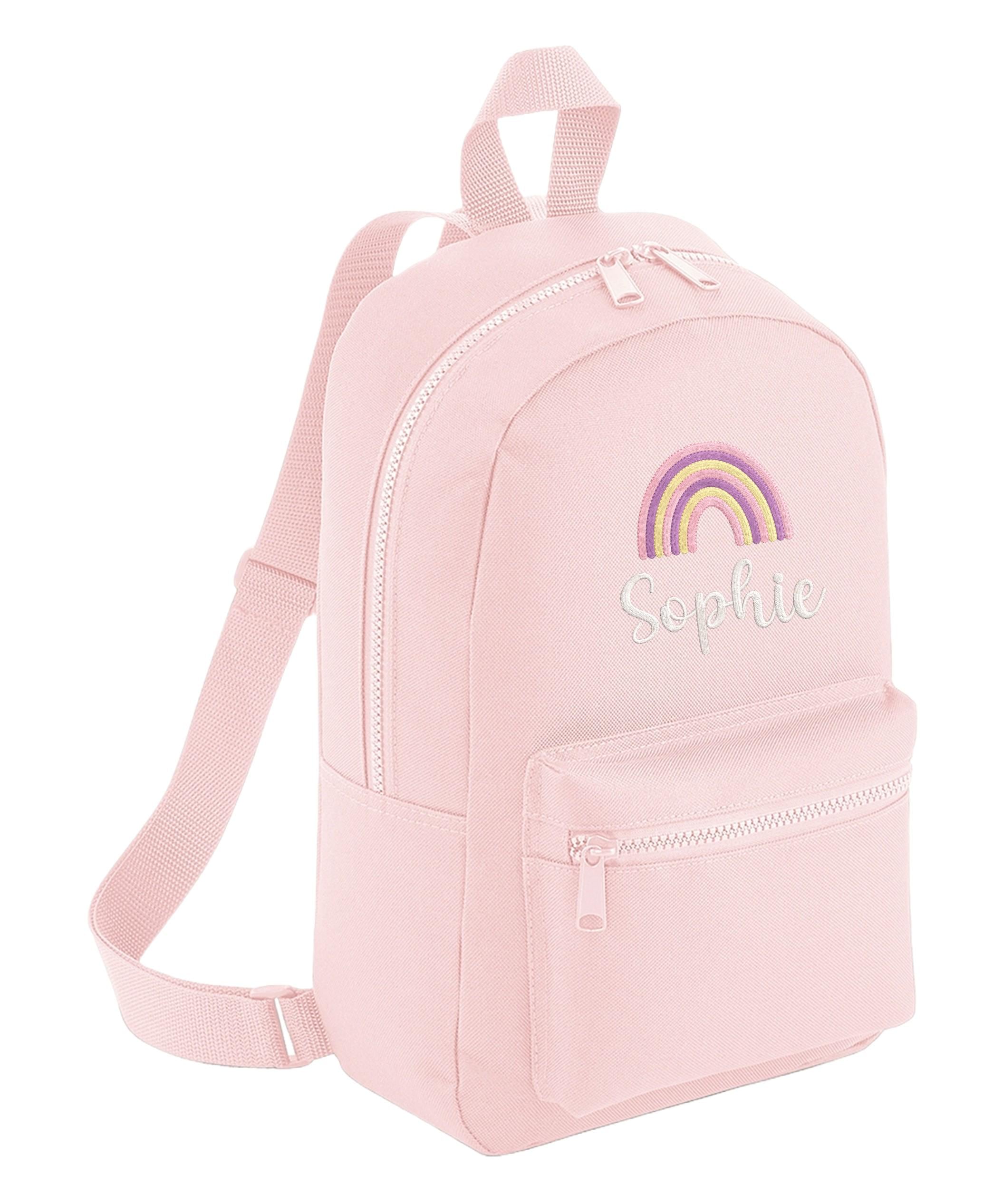 Embroidered Girls Personalised Pink Rainbow Name Mini Backpack Custom Text School Rucksack Nursery Bag