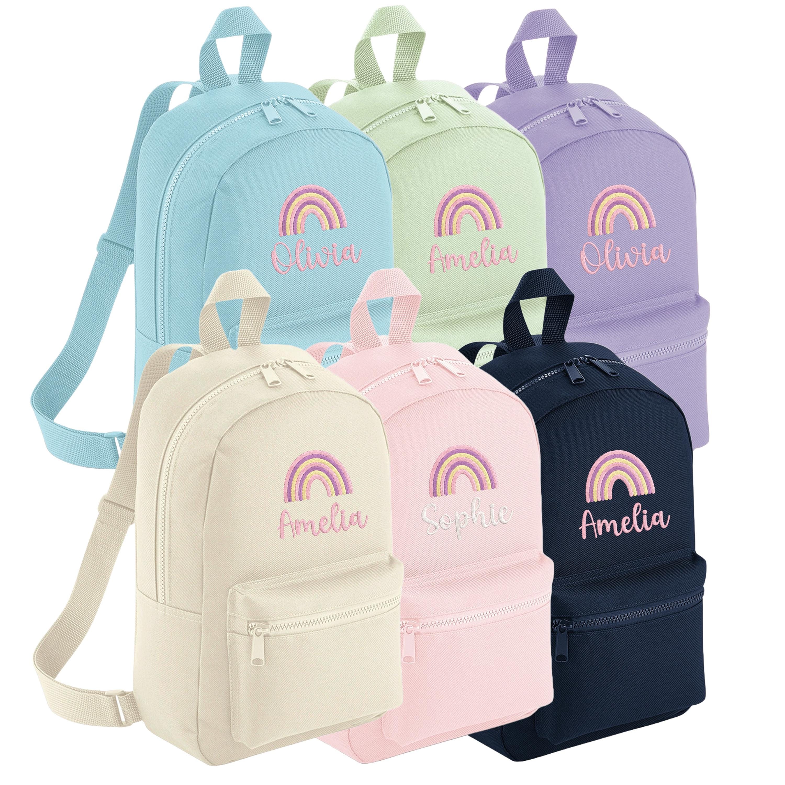 Embroidered Girls Personalised Pink Rainbow Name Mini Backpack Custom Text School Rucksack Nursery Bag