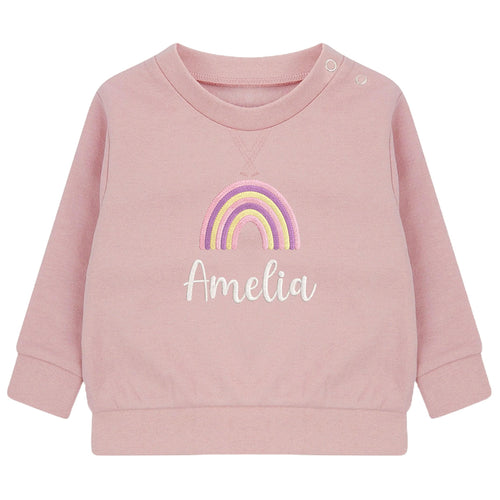 Embroidered Girls Personalised Rainbow Name Baby and Toddler Pink Sustainable Sweatshirts