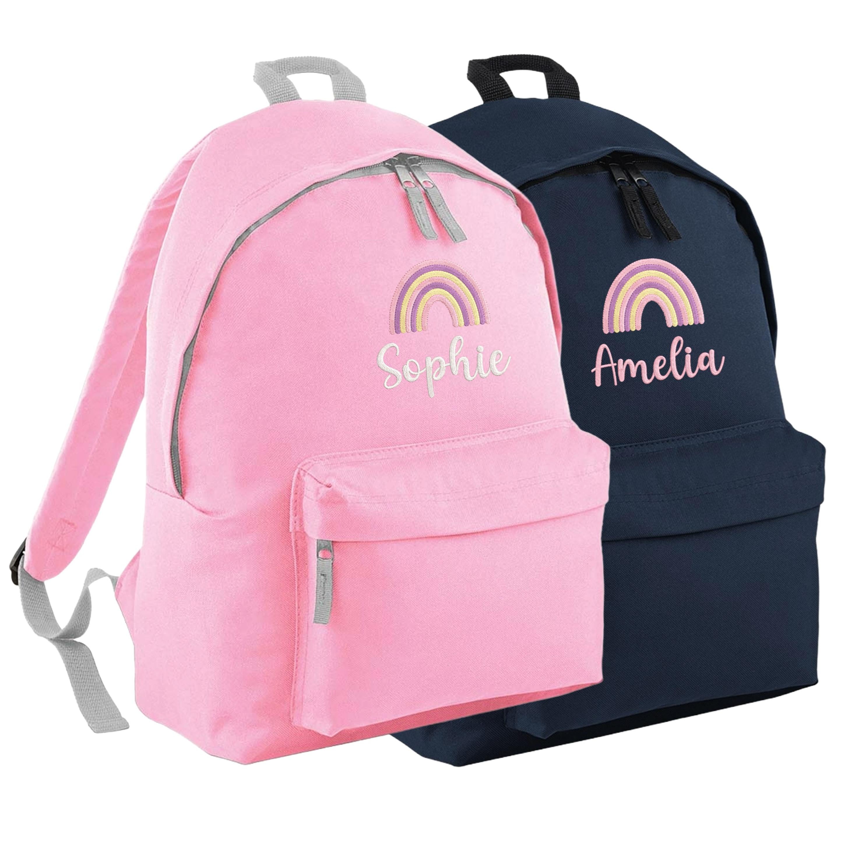 Embroidered Personalised Name Pink Rainbow Junior Backpack Girls Custom School Rucksack Nursery Bag