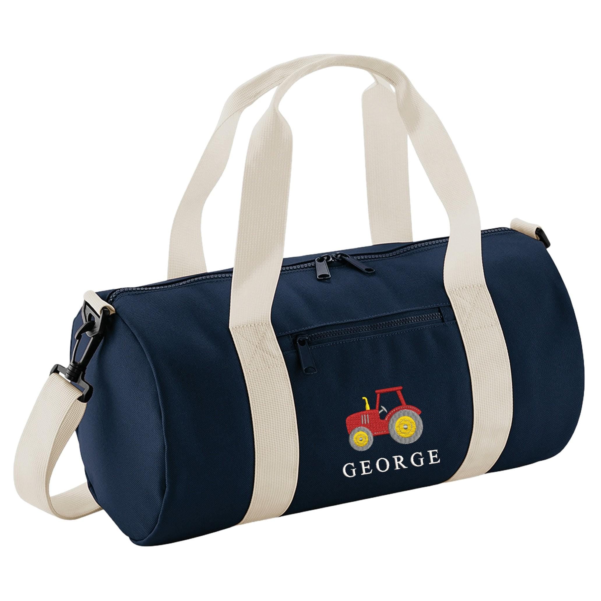 Embroidered Kids Tractor Personalised Name Mini Barrel Bag Boys Custom School Nursery Holdall Bag