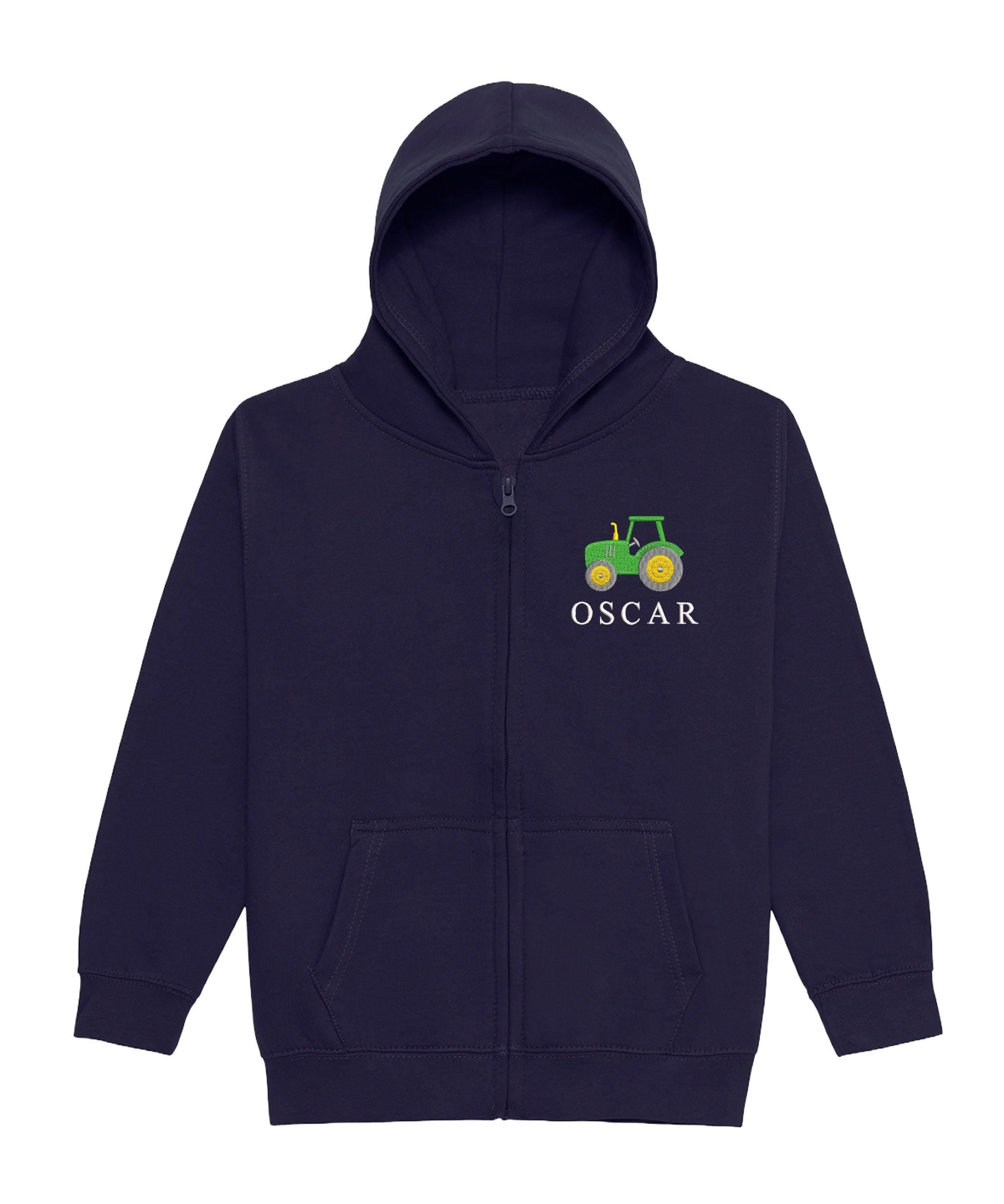 Embroidered Tractor Personalised Name Boys Zip Hoodie Navy Kids Custom Text Farm Jacket